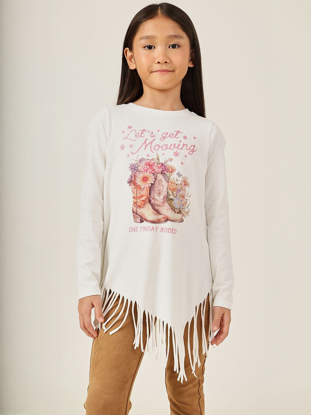 One Friday Girls Off White Printed Cotton Knit Half Sleeve Top  Rodeo