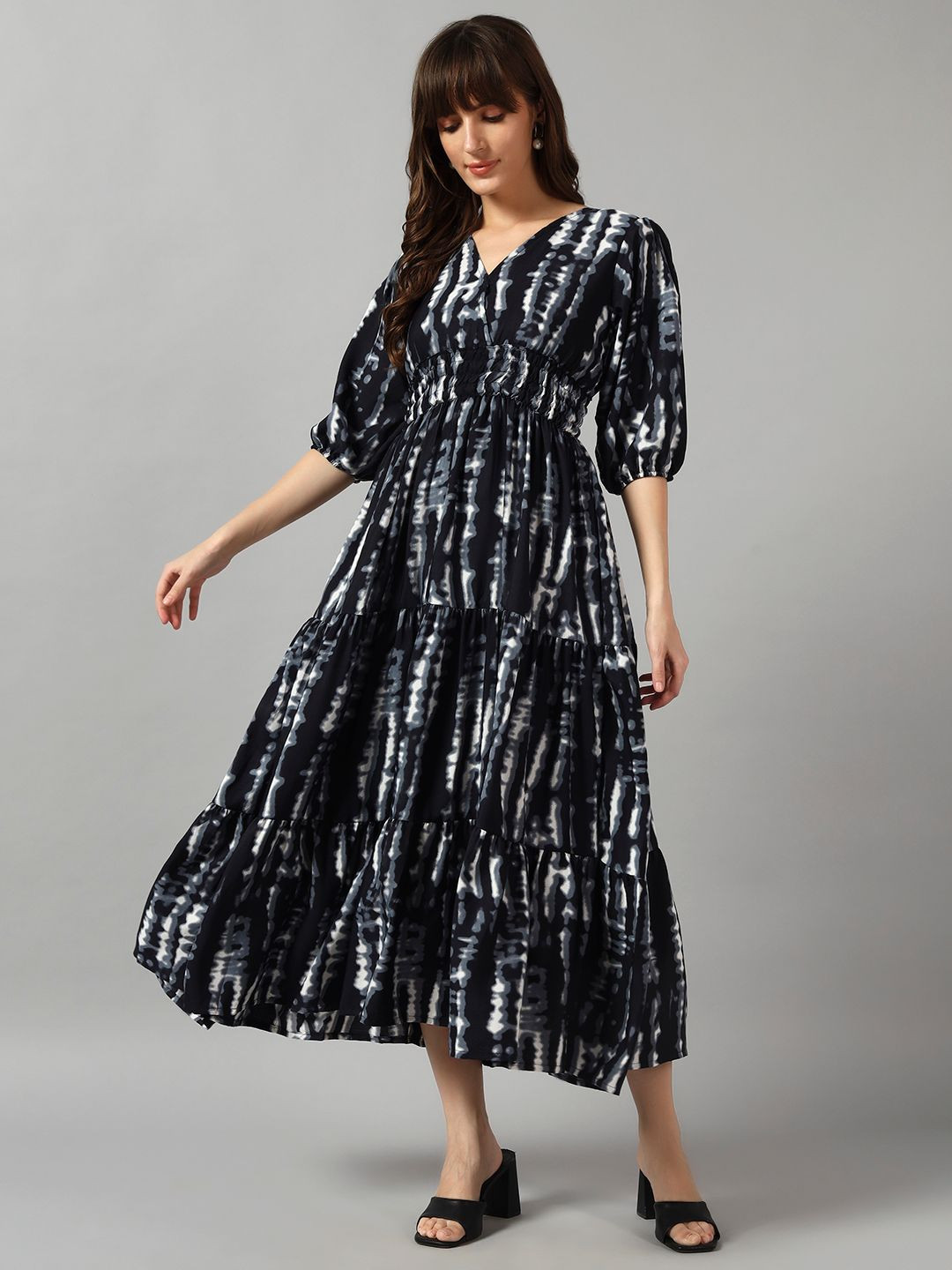 Raiyani Fashion Tie and Dye Dyed  V-Neck Gathered Or Pleated Casual Fit & Flare Midi Dress