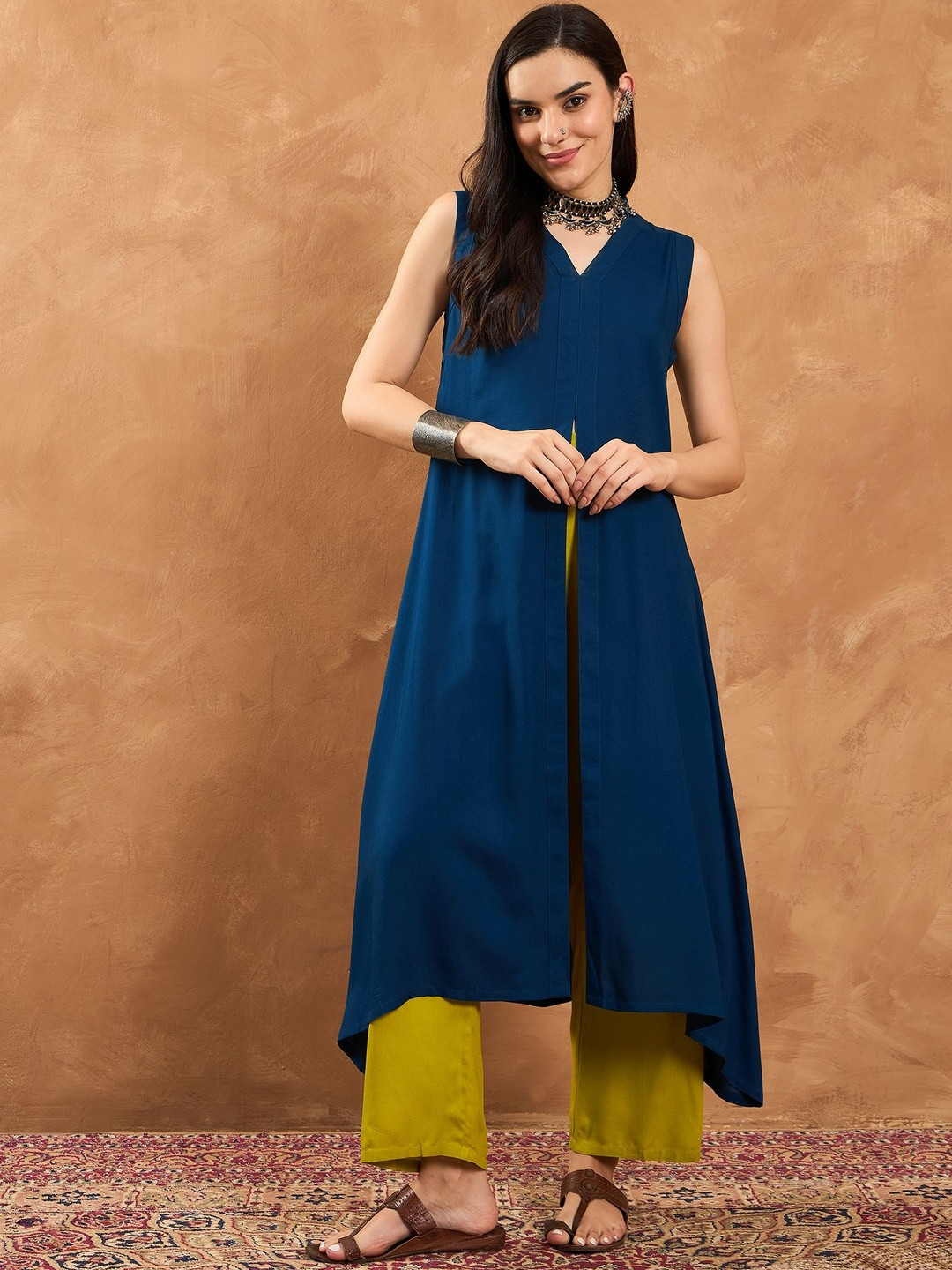 InWeave High Slit V-Neck Straight Asymmetric A-Line Kurta With Palazzos