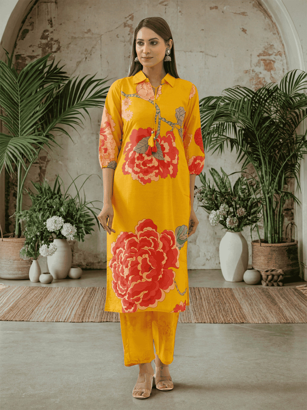 Sangria Yellow Floral Printed Shirt Collar Straight Kurta & Trouser