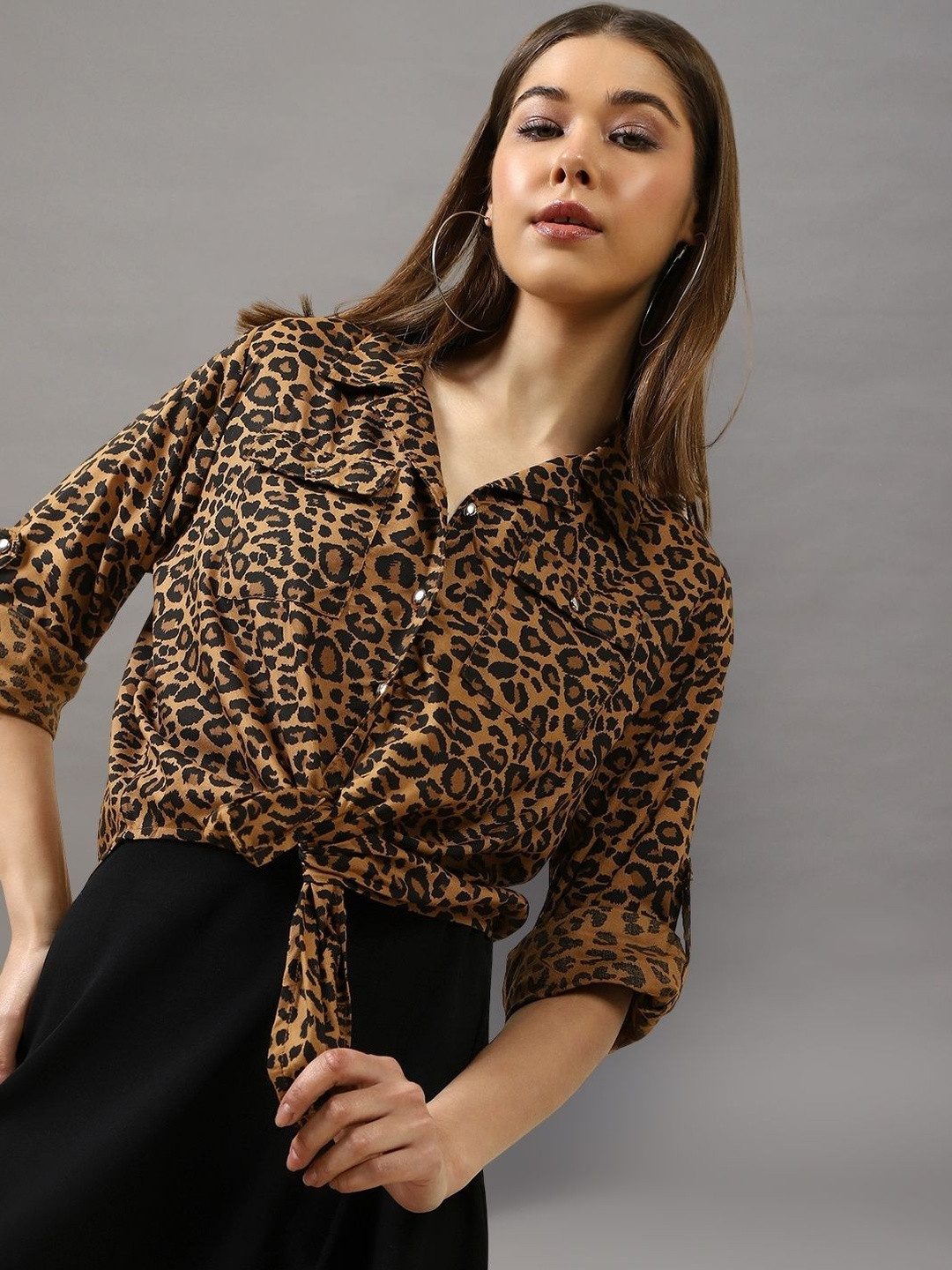 Sera Animal Printed Roll-Up Sleeves Shirt Style Top