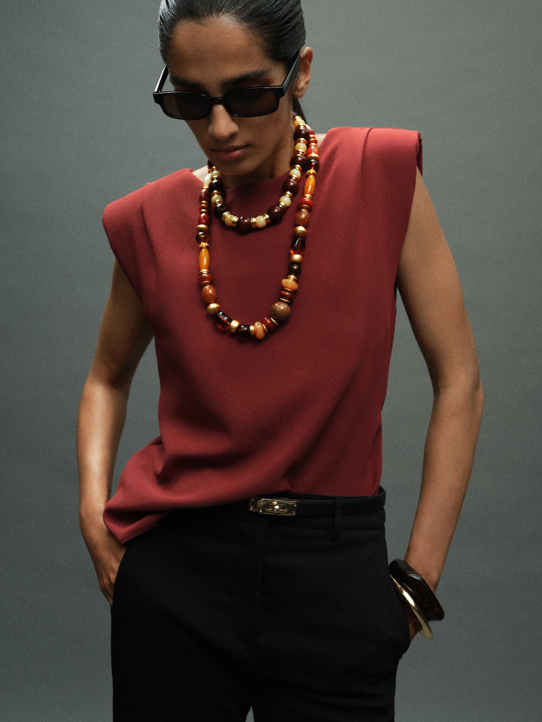 MANGO Ruched Blouse With Shoulder Pads