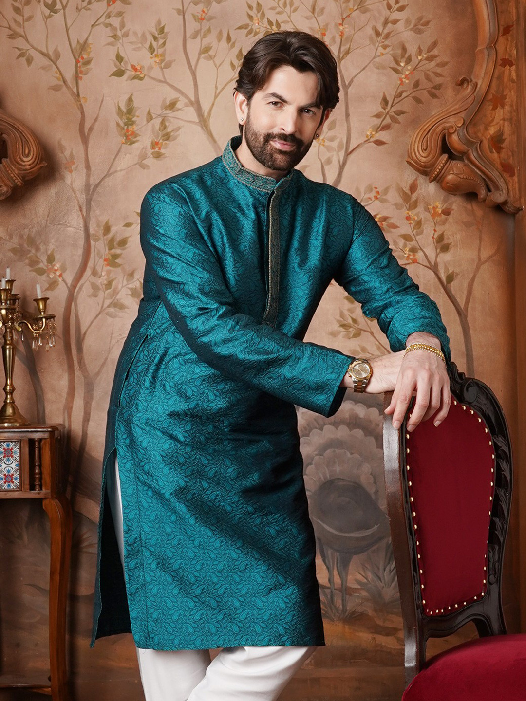 SOJANYA Men Teal Green Woven Design Straight Kurta