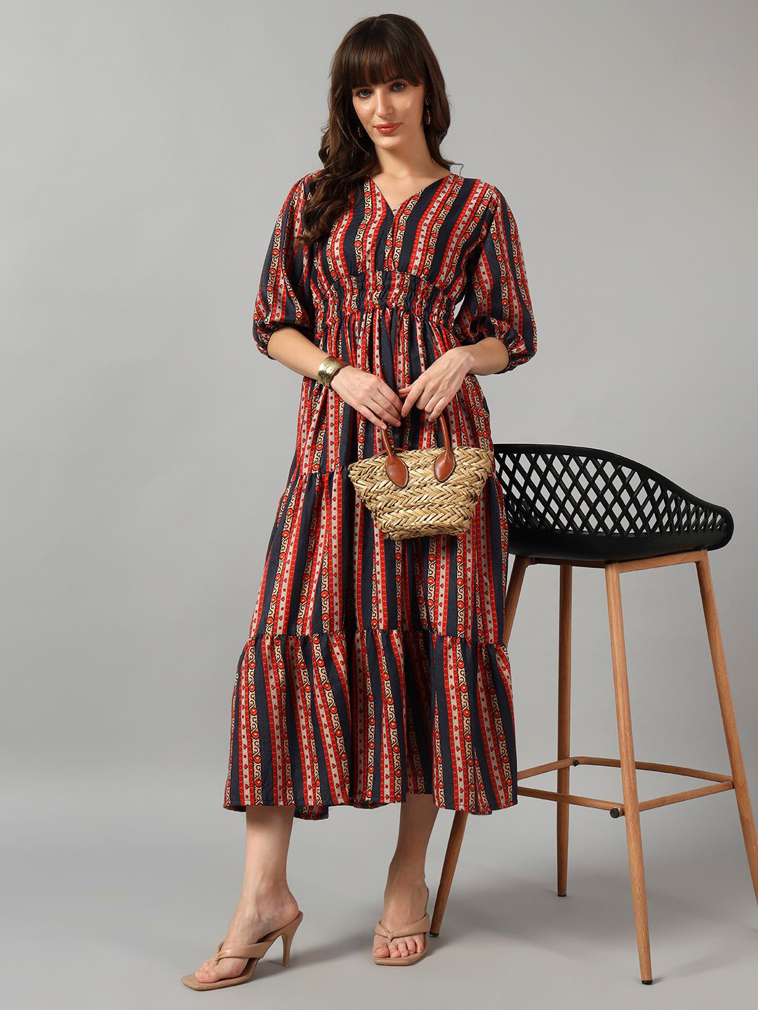 Femvy Striped Printed Puff Smocked Sleeve Fit and Flare Midi Dress