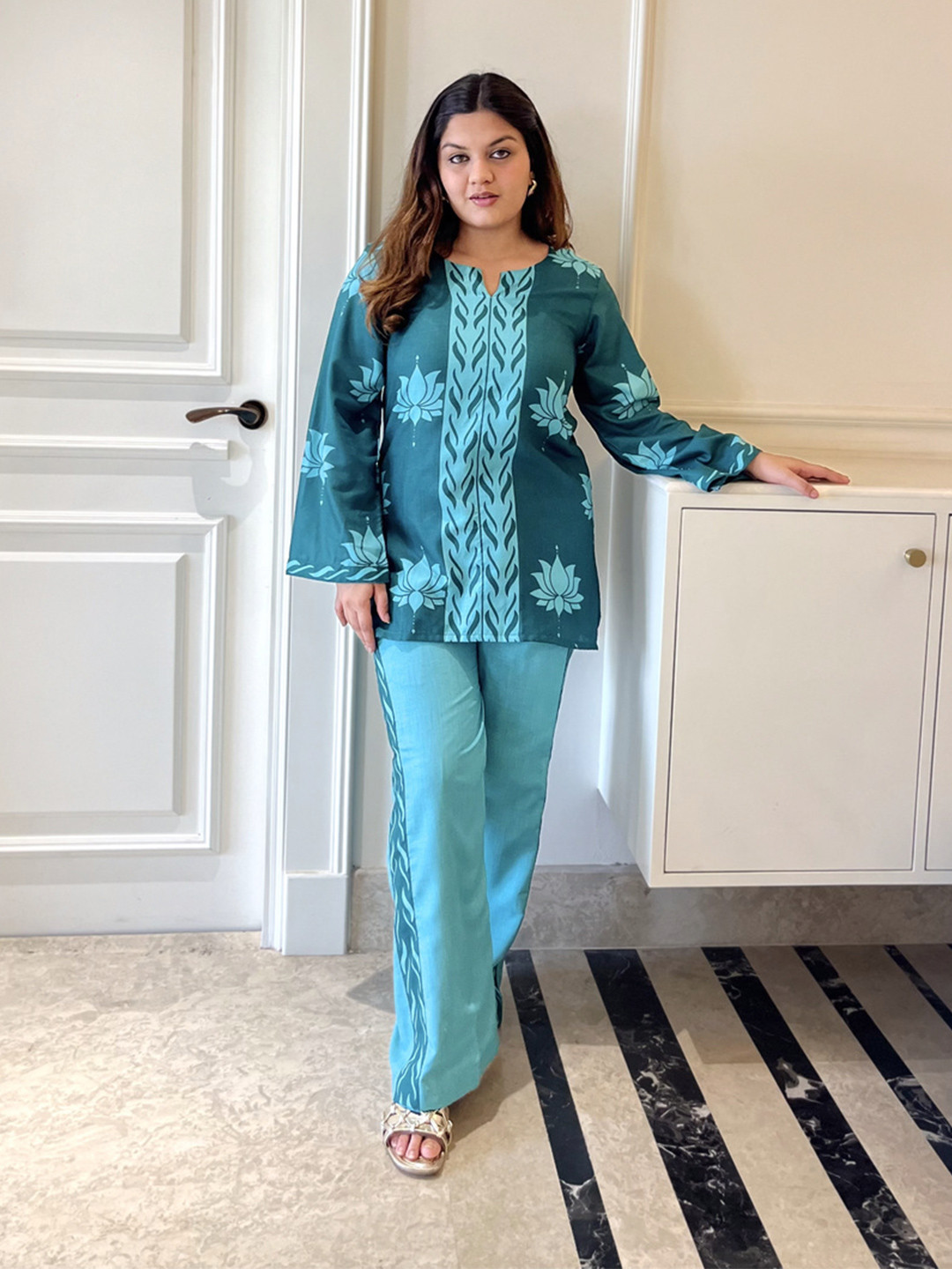 Akaya Twilight Printed Notch Neck Pure Cotton Tunic With Palazzo