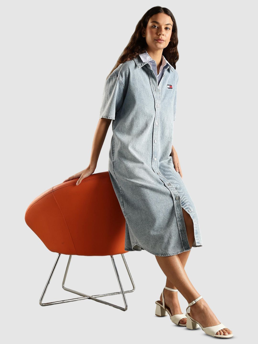 Tommy Hilfiger Women Shirt Collar Shirt Midi Denim Dress