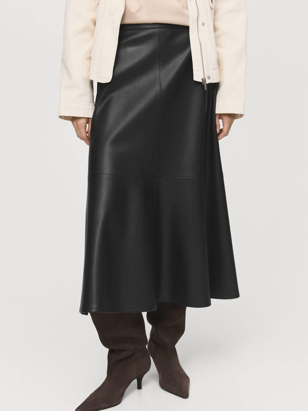 MANGO Mid-Rise Faux Leather Midi Flared Skirt