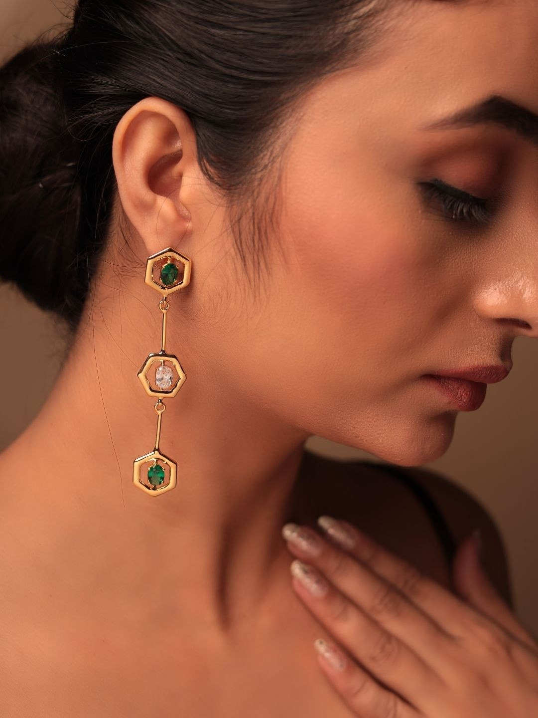 Mokshali Jewelry Gold-Plated Zircon Studded Geometric Shaped Drop Earrings