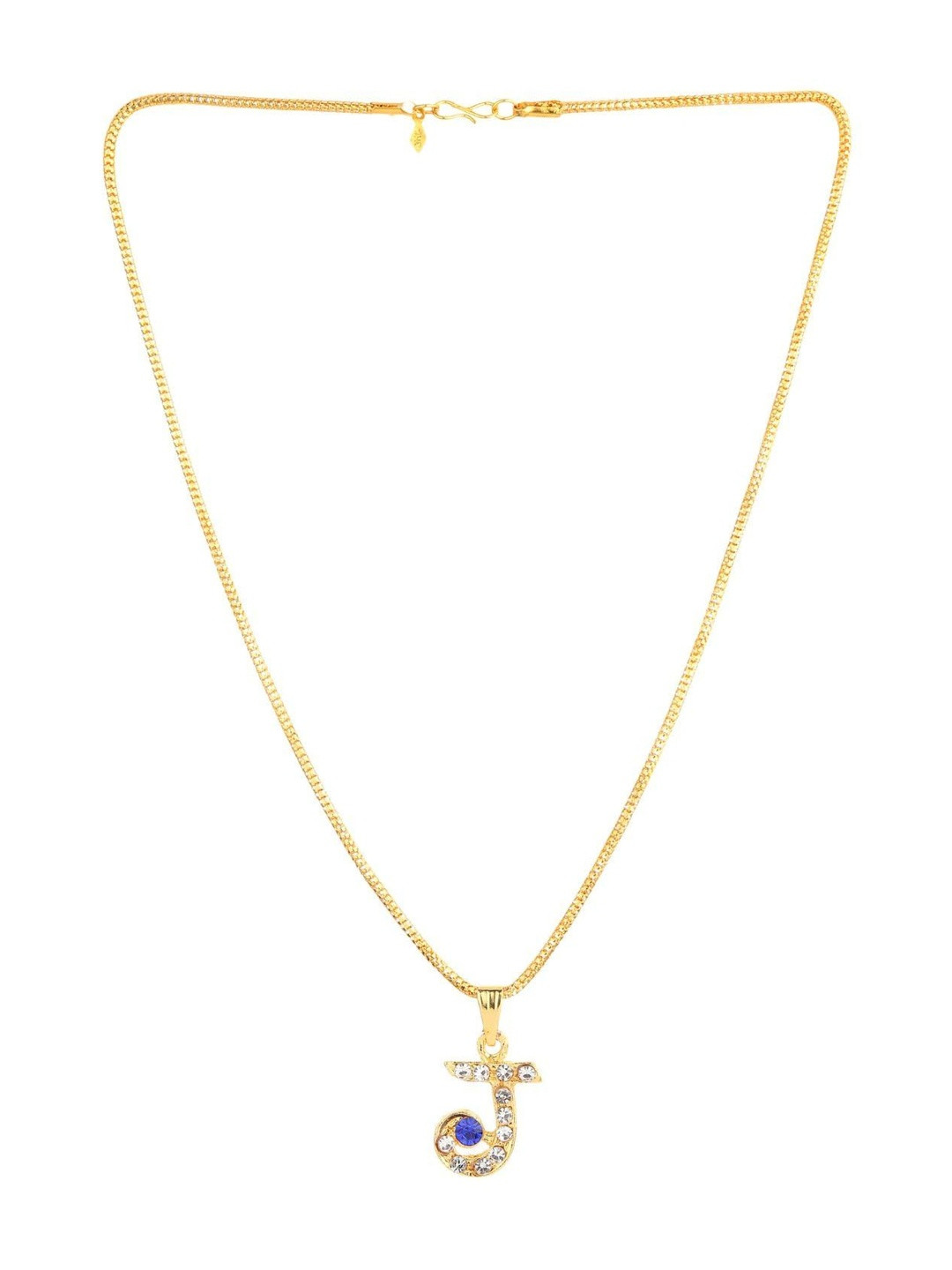 Accessoo Unisex Stainless Steel Crystal Studded J Shaped Pendant With Chain