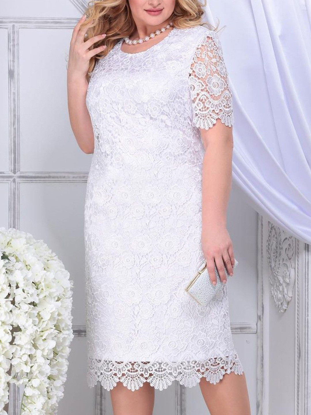 Sztori White Poly + Lace Embroidary Round Neck Embroidered Dress