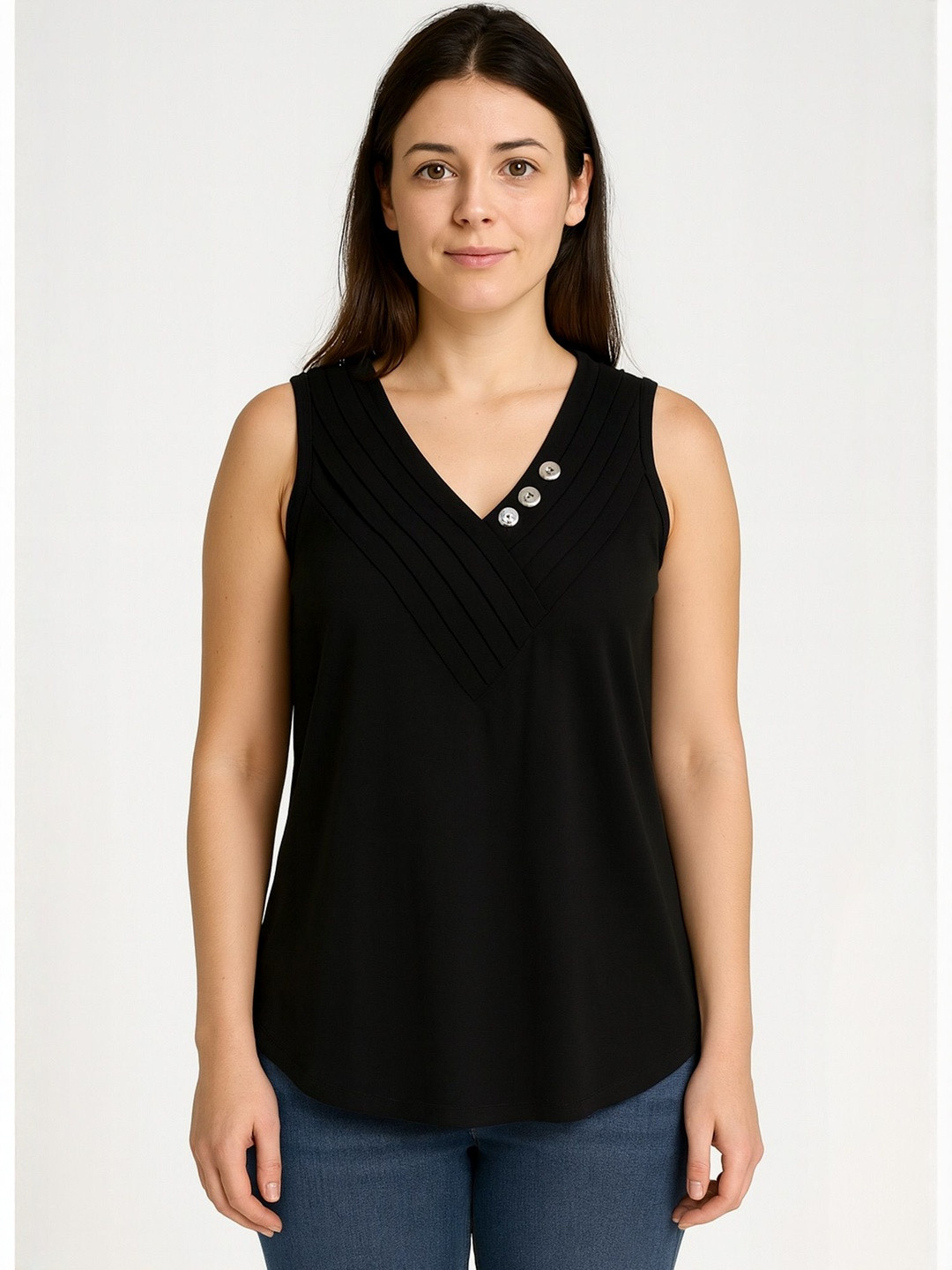 LULU & SKY Women Solid Pleated Button Embellished Regular Top