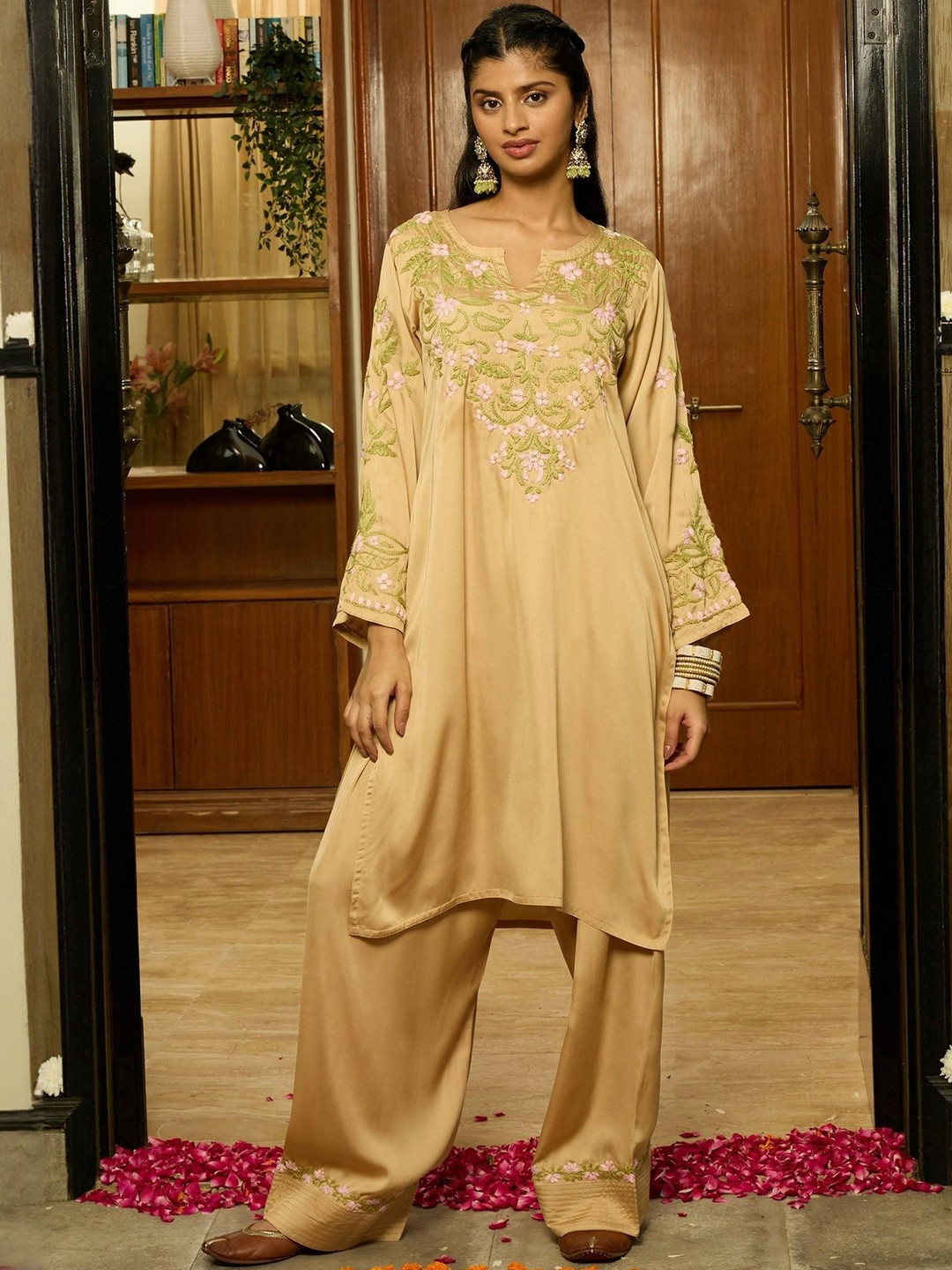 HOUSE OF KARI Women Beige Chikankari Satin Silk Kurta Set With Farsi Pants