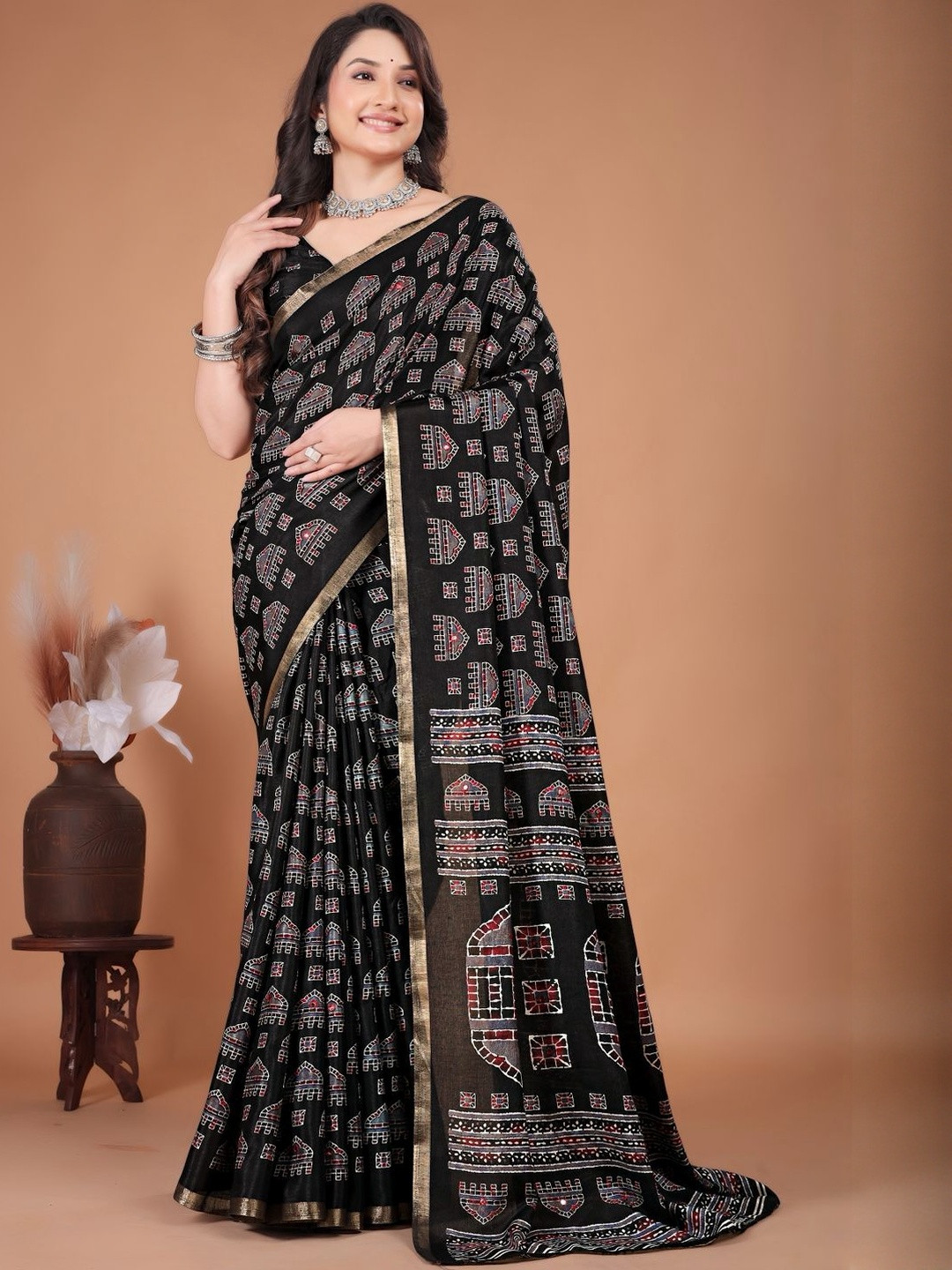 Swaraas Women Ajrak Block Pochampally Saree with Blouse Piece