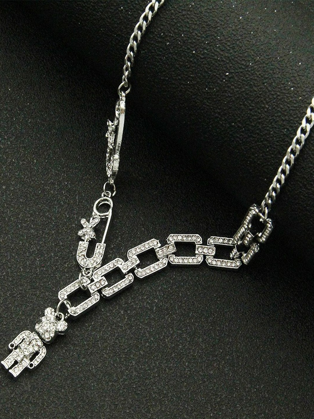 FIMBUL Silver-Plated Stones Studded Link Chain With Teddy Bear Pendant