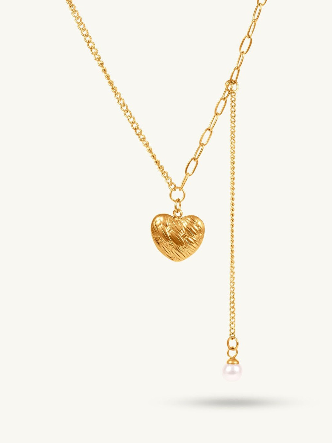 PALMONAS Pearls Beaded Heart Lock Waterproof & Anti-Tarnish Pendant With Chain