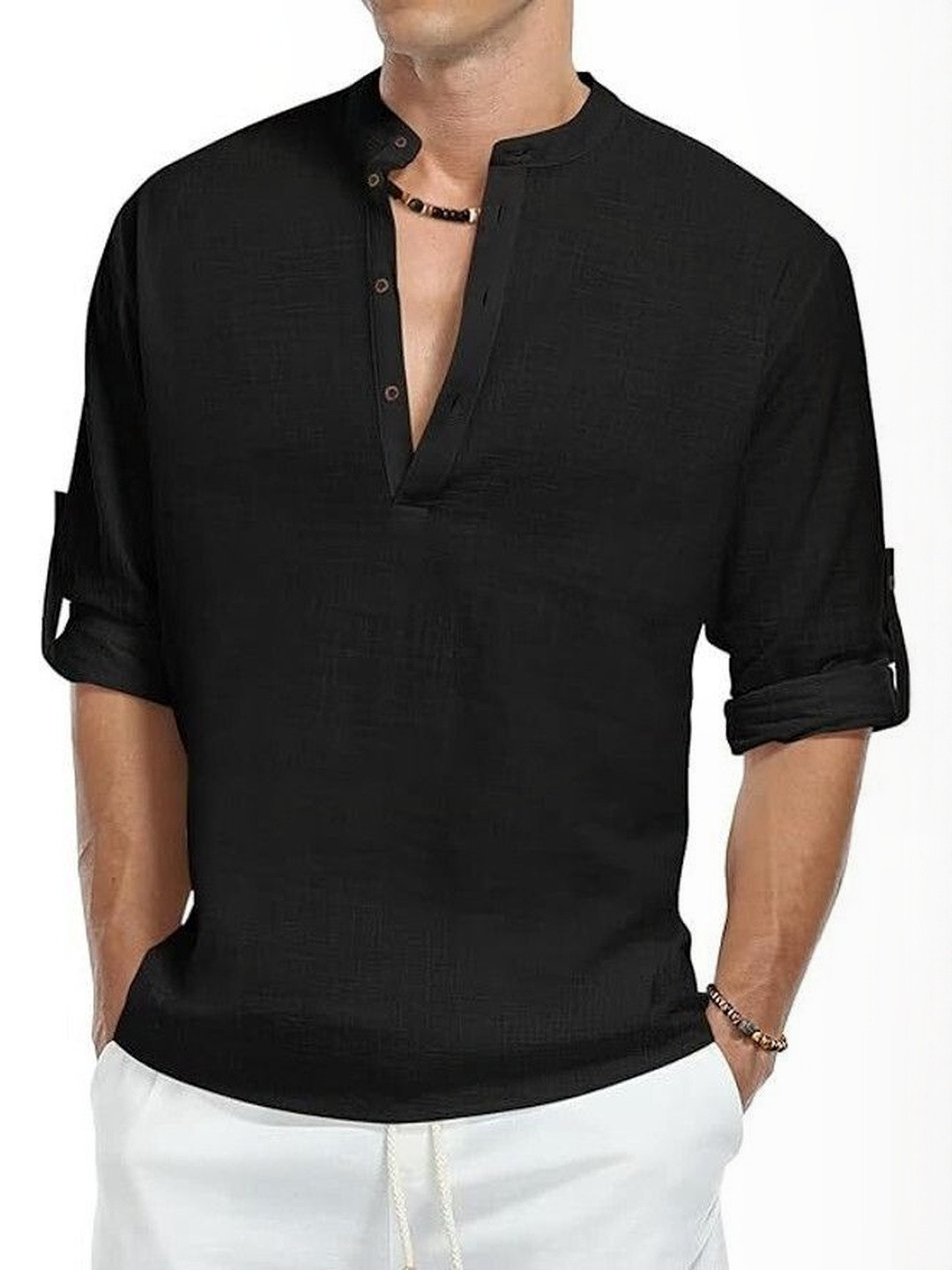 Edin Plus Size Band Collar Straight Cotton Kurta