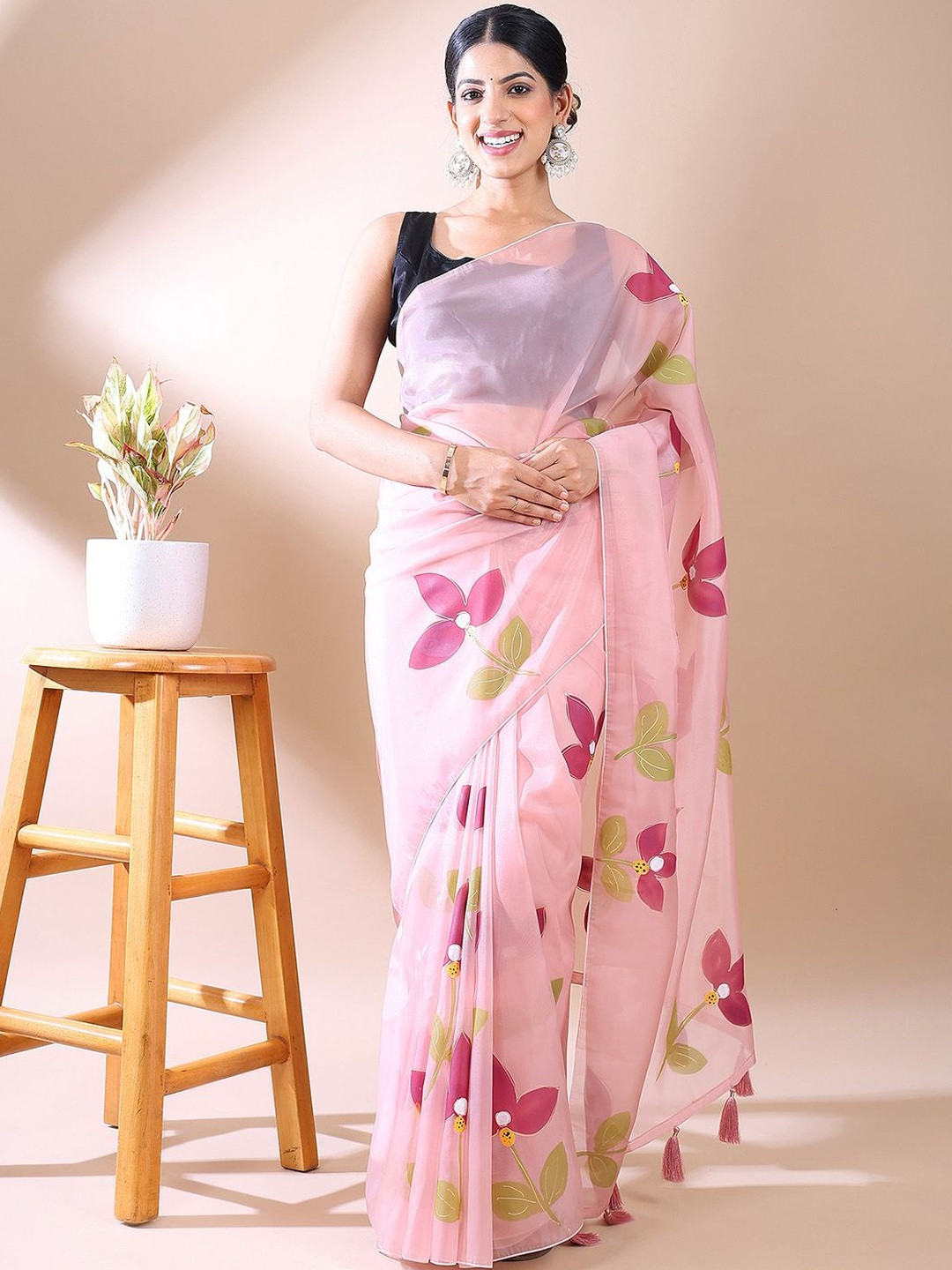 BAEDESI Floral Hand Painted Organza Saree