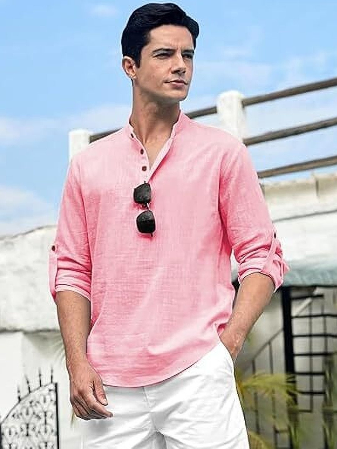 Edin Men Pink Solid A-Line Roll Up Sleeve Kurta
