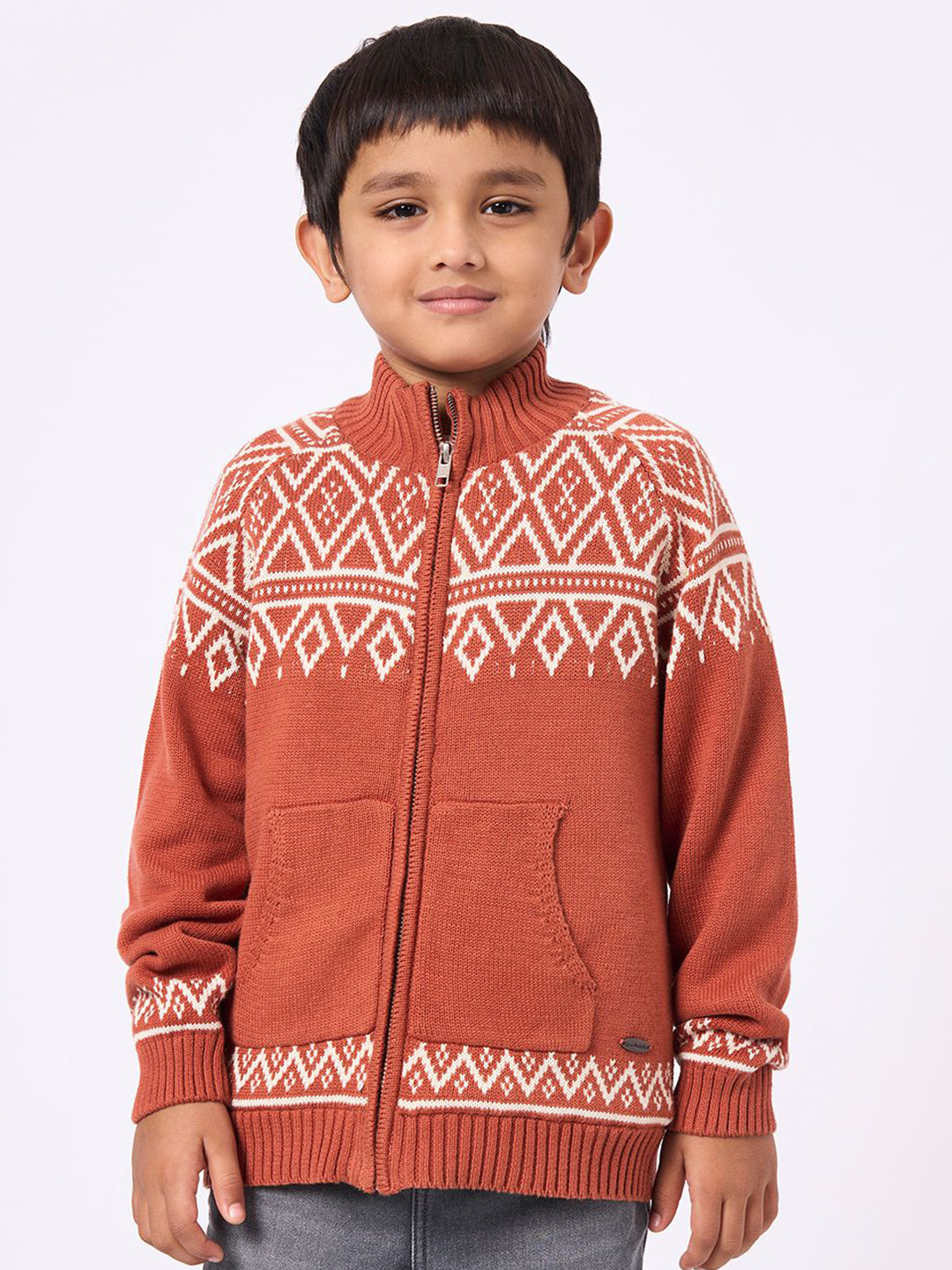 Ed-a-Mamma Boys Geometric Self Design Mock Collar Full Sleeve Cardigan