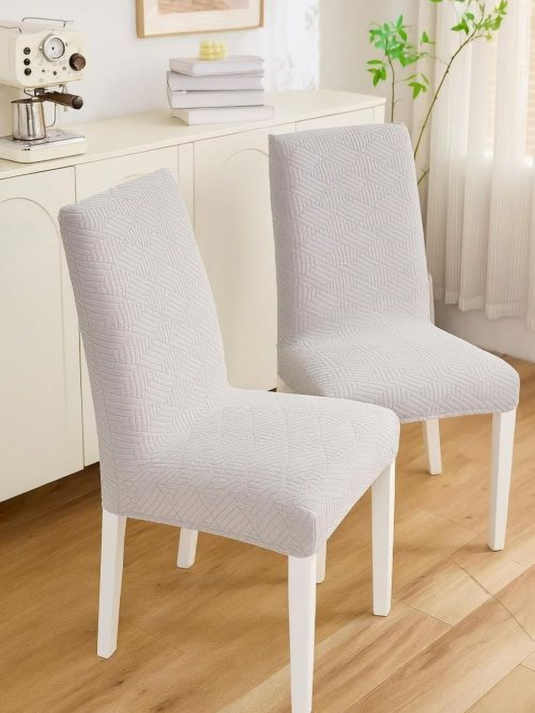 HOMETHREADS Grey 2 Pieces Textured Jacquard Chair Covers