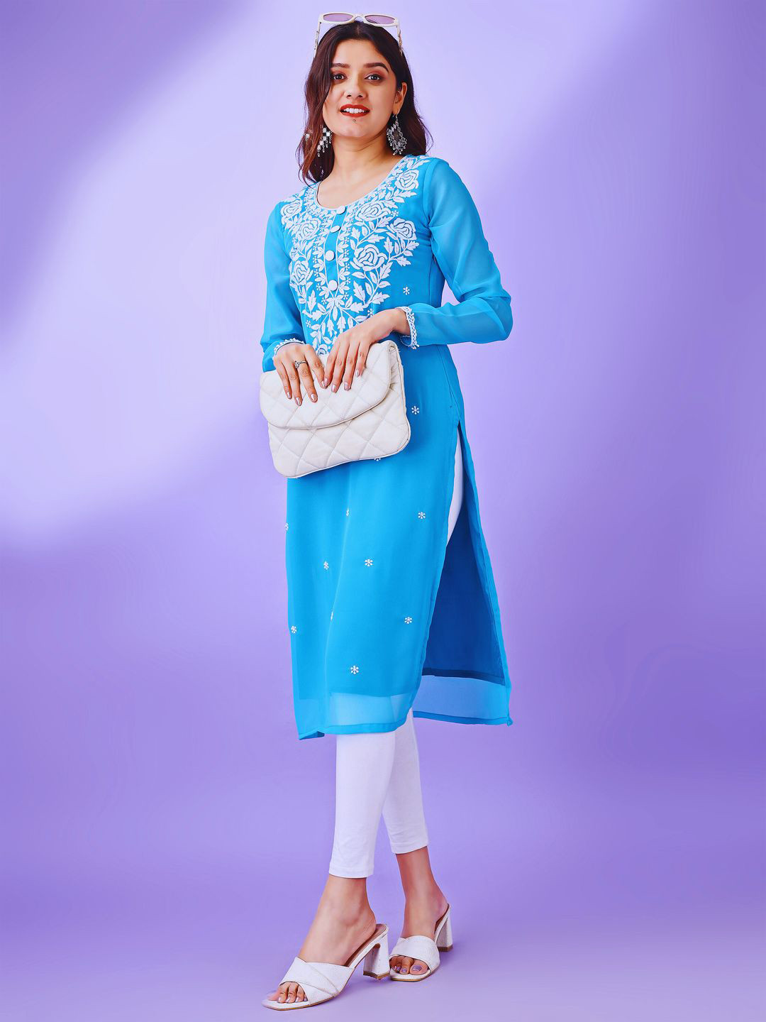 HESVI Women Embroidered Chikankari Georgette Kurta