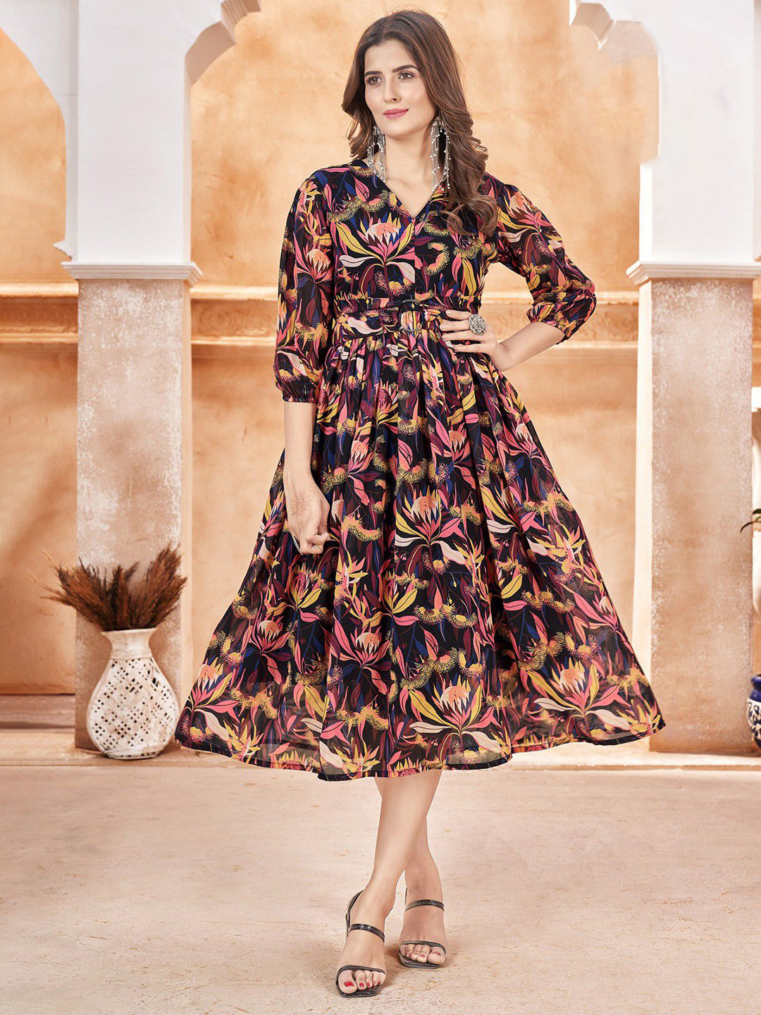 DAATAR Floral Printed Fit & Flare Midi Dress