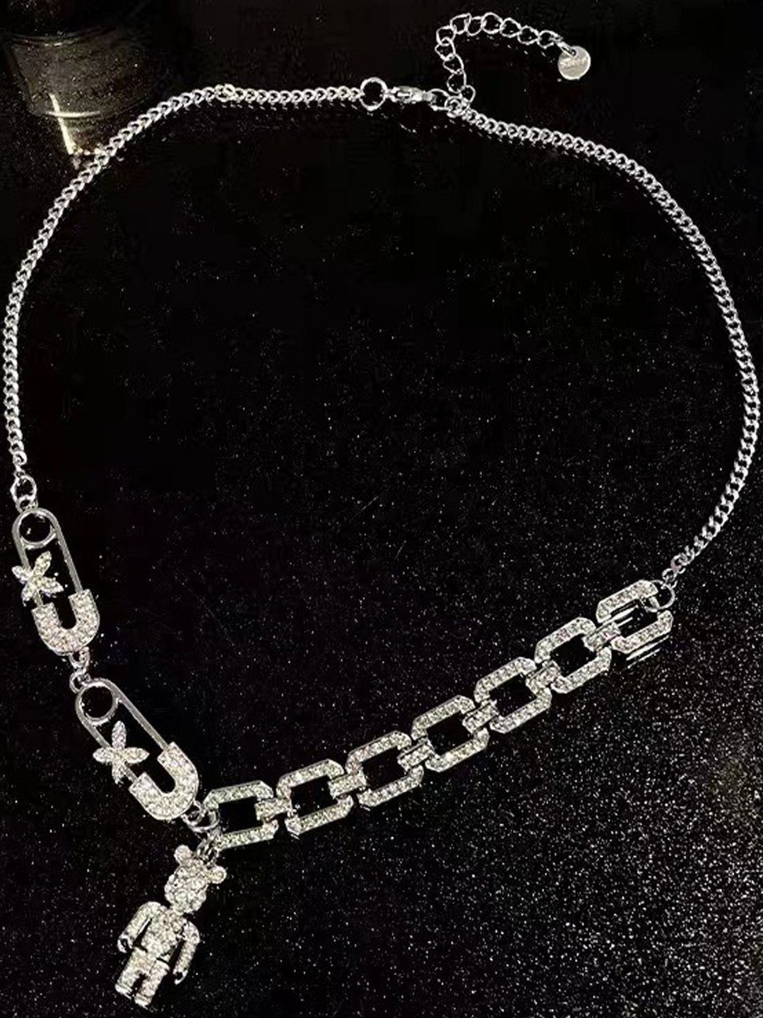 FIMBUL Silver-Plated Crystals Studded Link Chains Teddy Bear Minimal Necklace