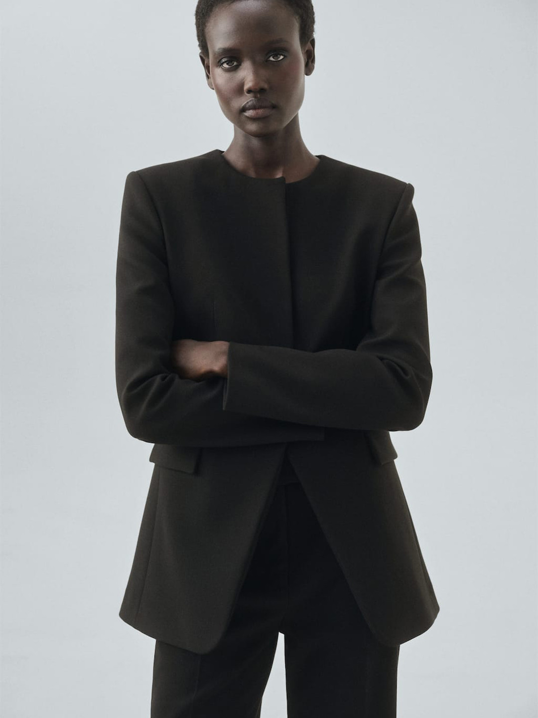 MANGO Tailored Suit Collarless Blazer