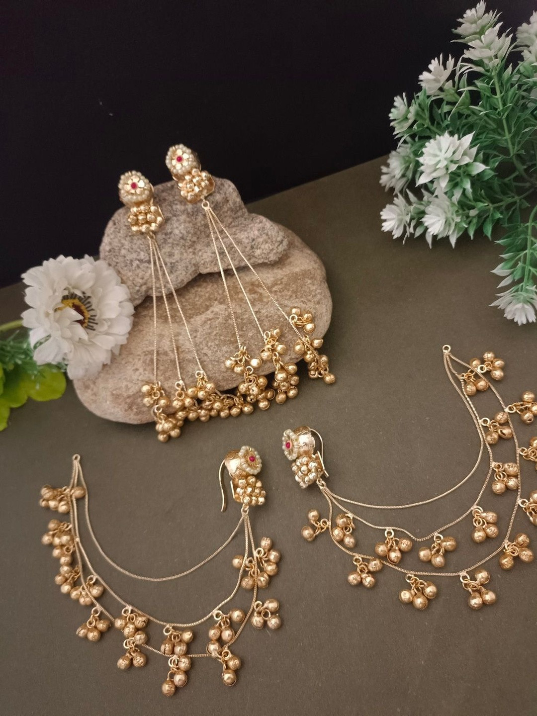 Sanjog Set Of 2 Plated Pachi Kundan & Ghungaroo Studded Kashmiri Drop Earrings