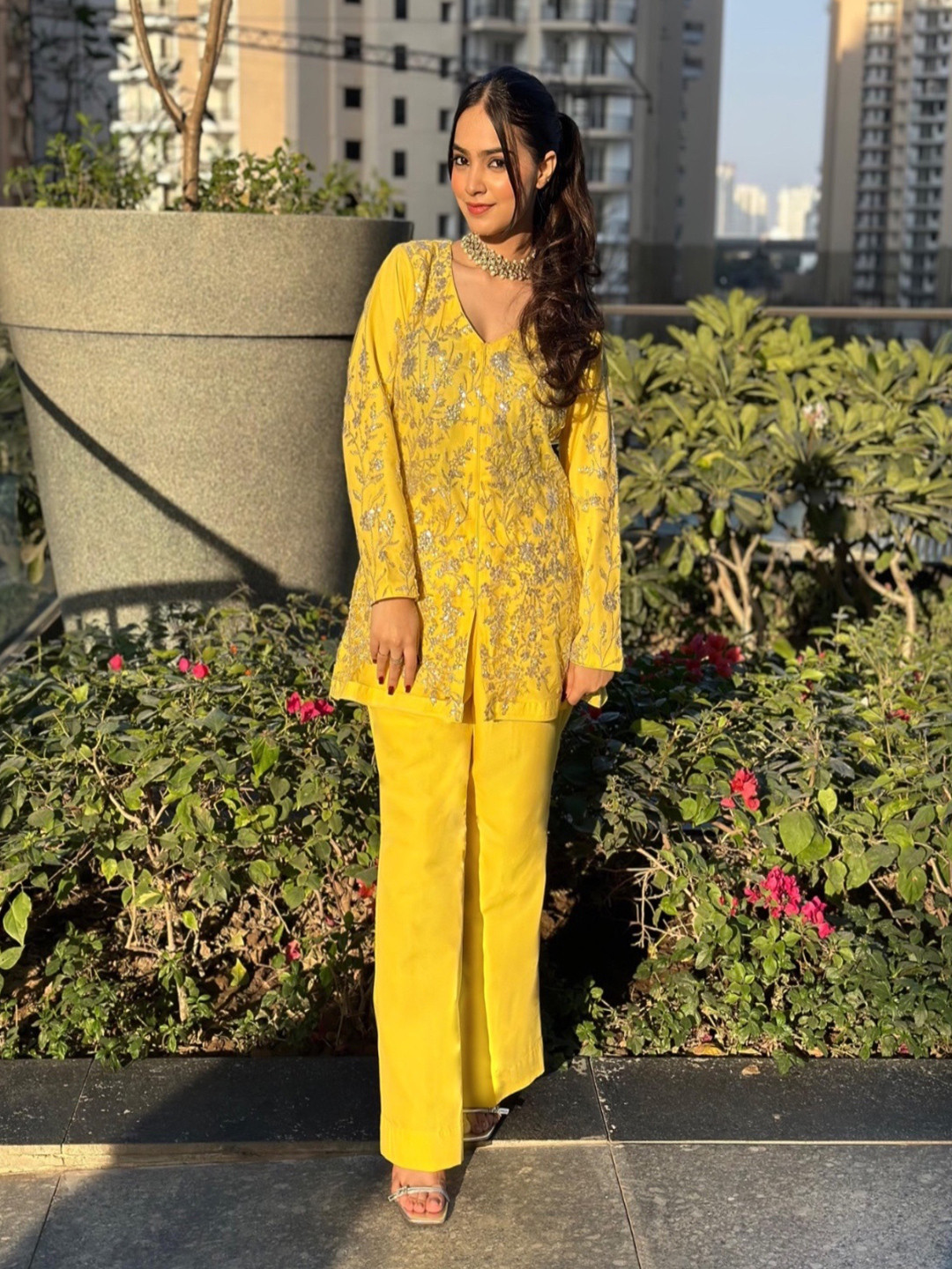 Akaya Embroidered V Neck Top With Trousers Co-Ords Set