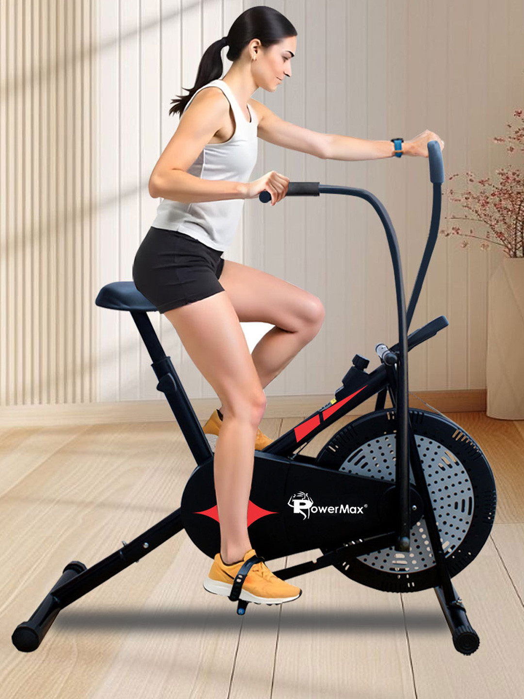 PowerMax Fitness BA-151 V-Belt Drive Air Bike Exercise Cycle 1.5kg Fly Wheel Moving Handle