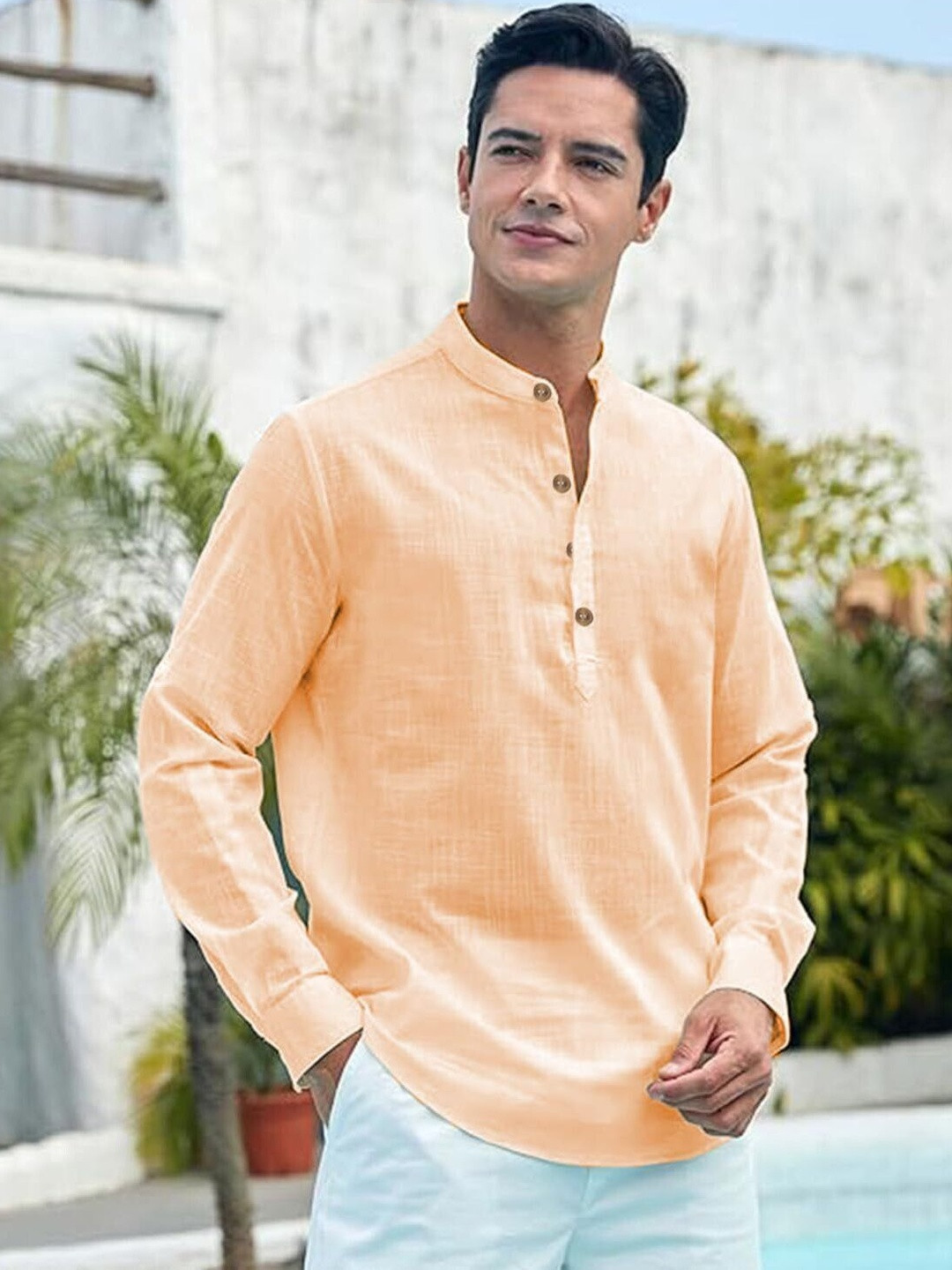 Edin Men Mandarin Collar Roll-Ups Sleeves Kurta