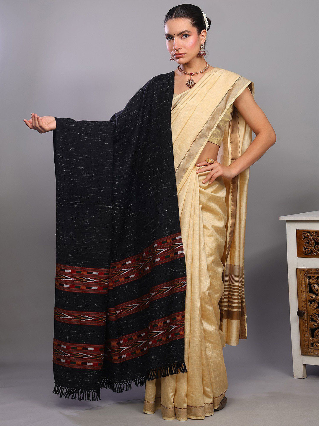Exotic India Yak Wool Kullu Shawl With Chevron Weave And Kinnauri Triple Border