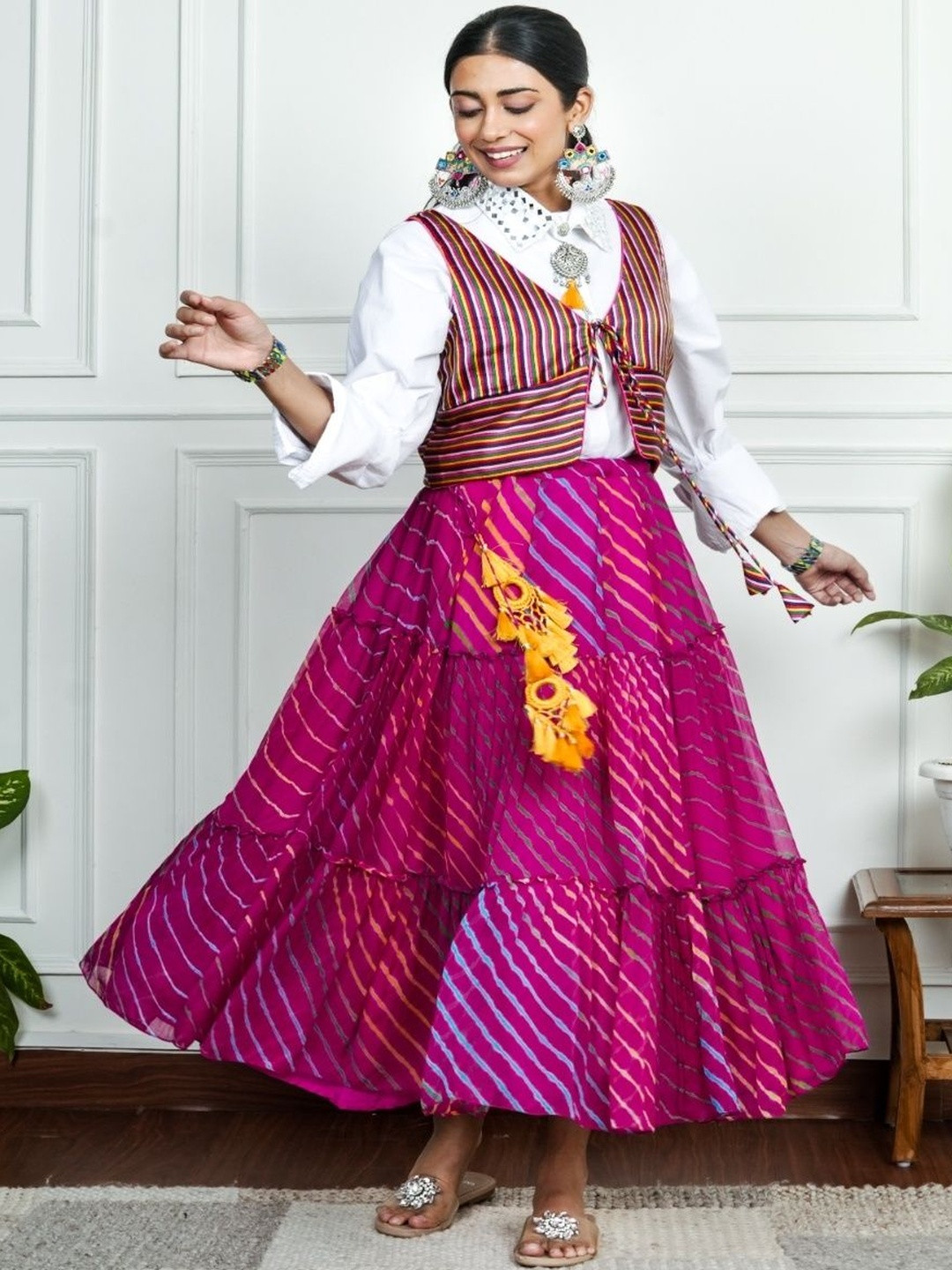 House of Surkh Women Striped Regular Silk Chiffon Top with Skirt