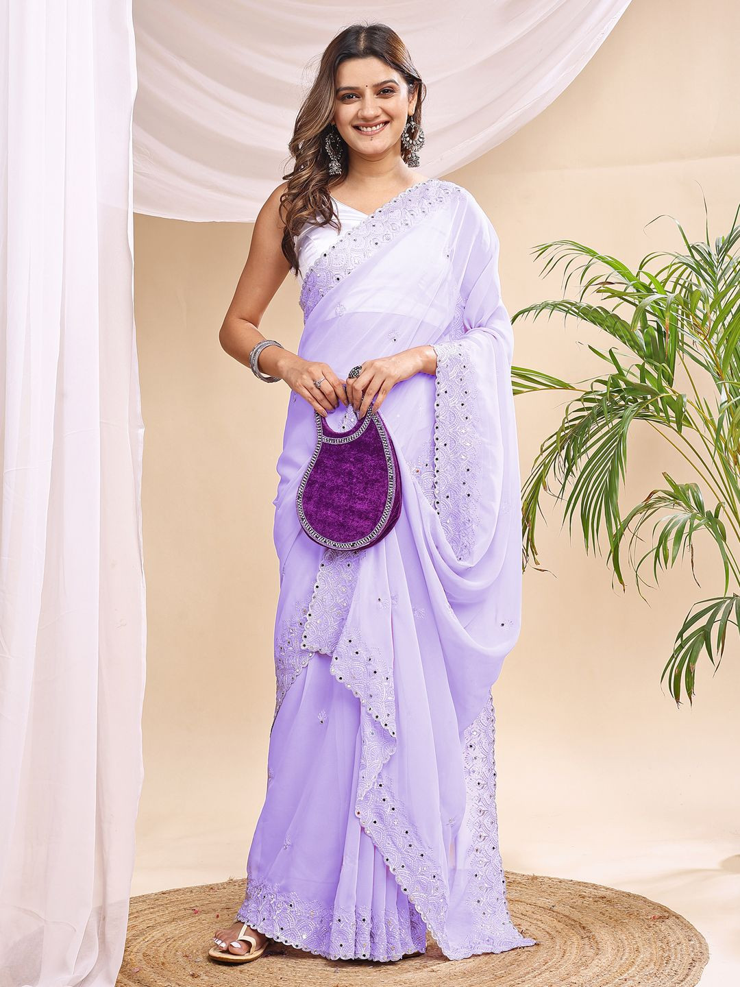 HESVI Embellished Mirror Work Pure GeorgetteSaree