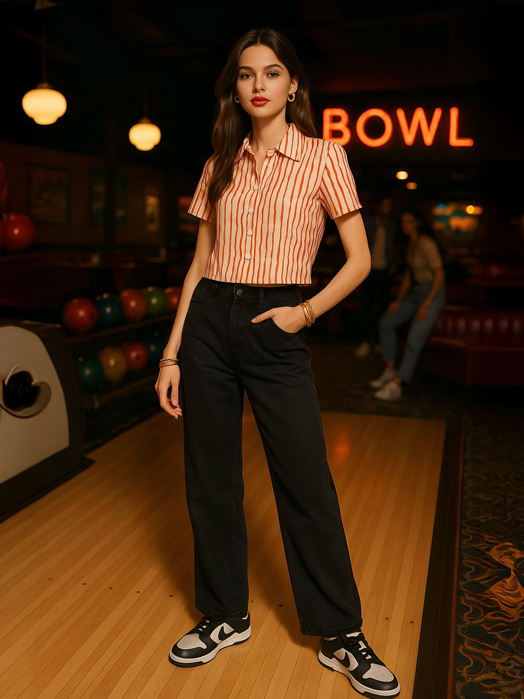 Cream & Orange Vertical Striped Regular Fit Casual Shirt