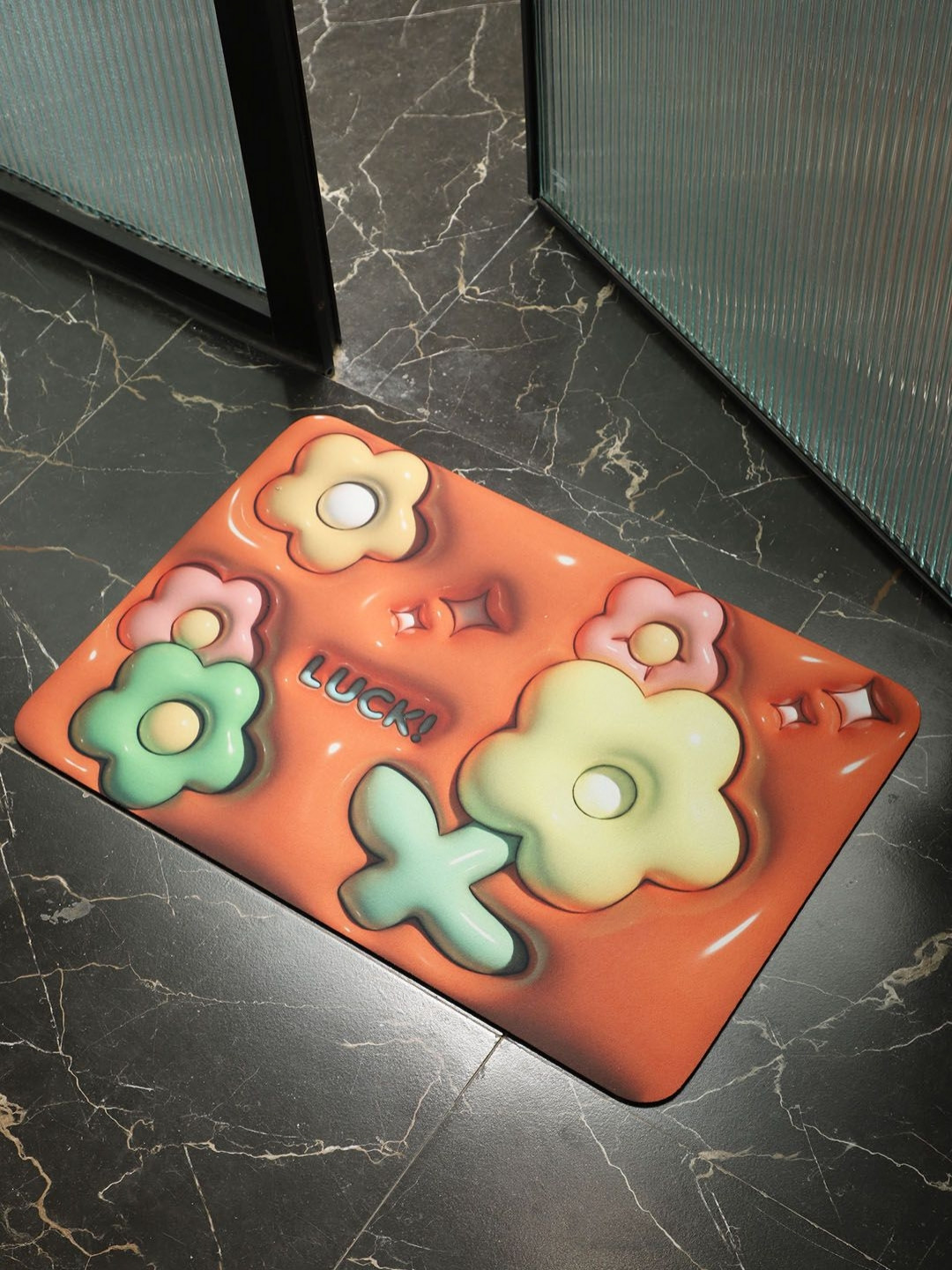 Datch Green & Orange Printed Silicone 150 GSM Anti-Skid Bath Rug