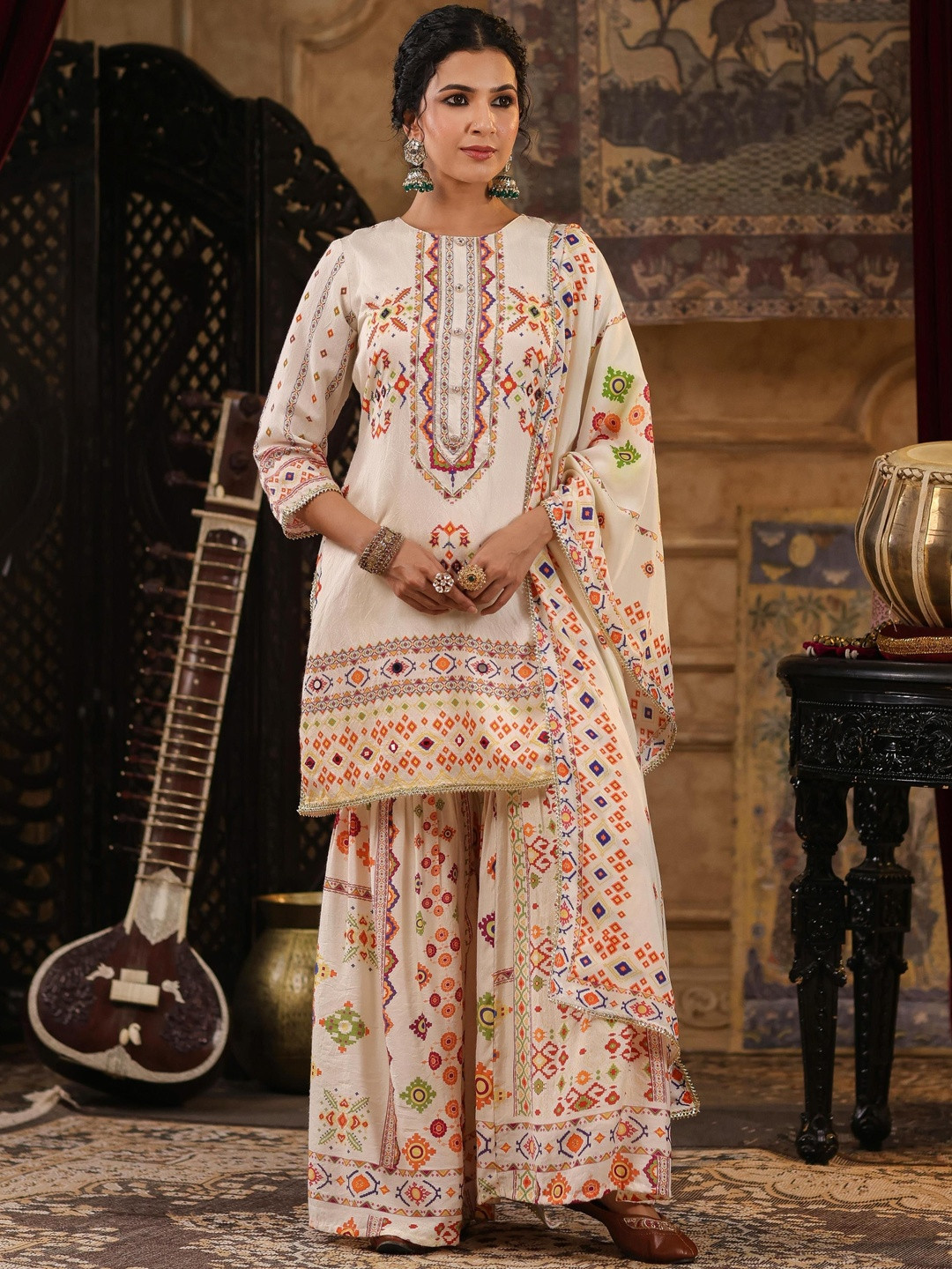 SCAKHI Women Ivory Printed Patola Mirror Work Chanderi Silk Kurta & Sharara With Dupatta