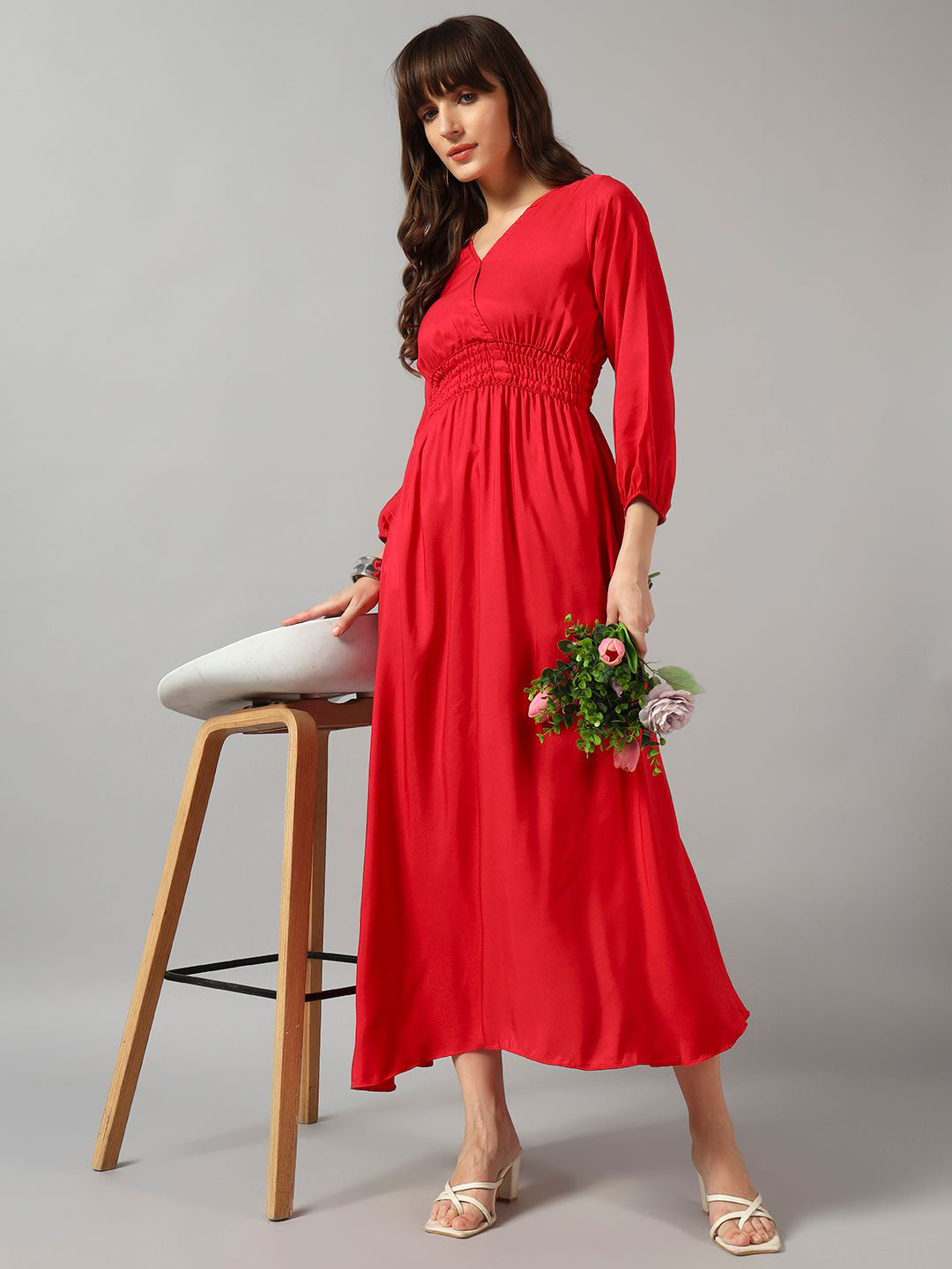 Femvy Smocked V Neck Fit & Flare Midi Dress