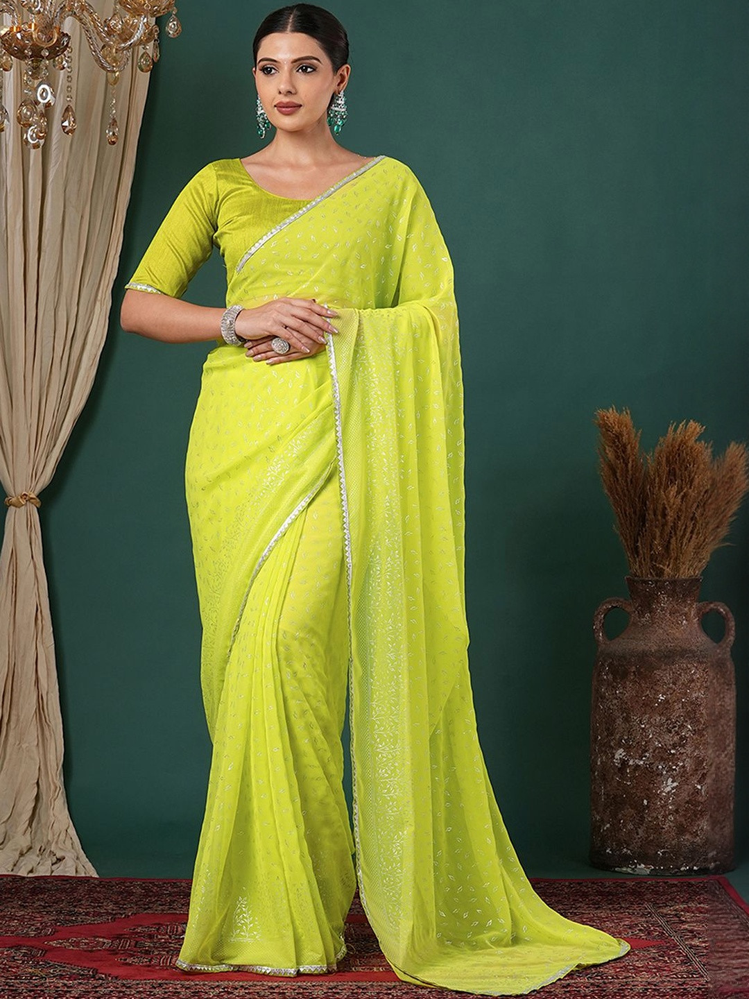 KALINI Ethnic Motifs Printed Embellished Border Saree With Unstitched Blouse Piece