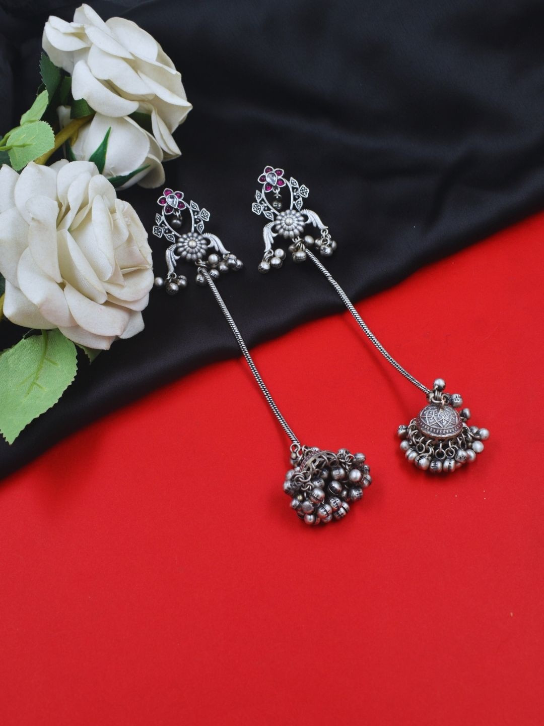 J & C Fashion Arena Silver-Plated Ghungroo Beaded Dome Shaped Drop Earrings