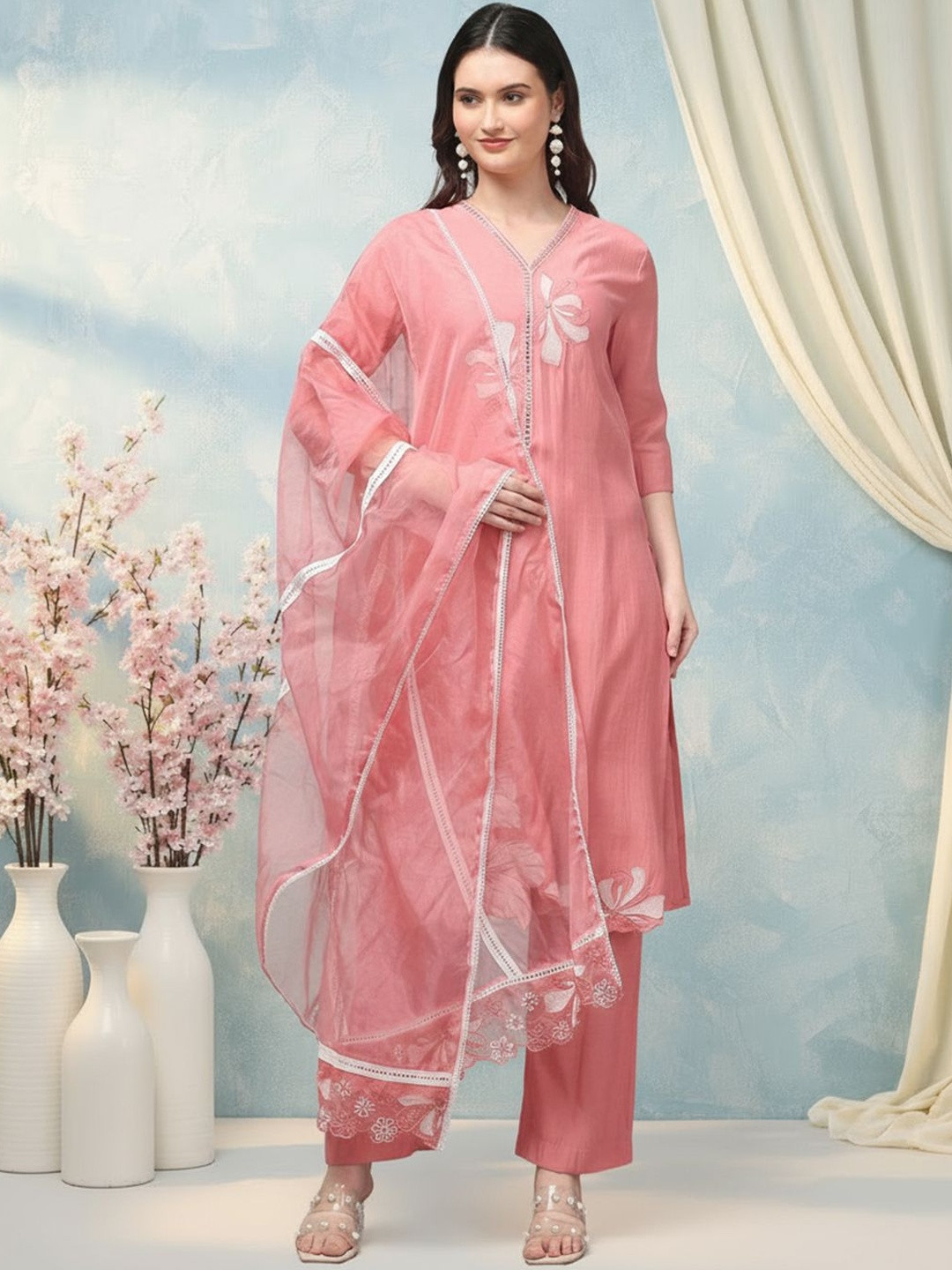 Aronita Women Floral Embroidered Cotton Kurta with Trousers & Dupatta