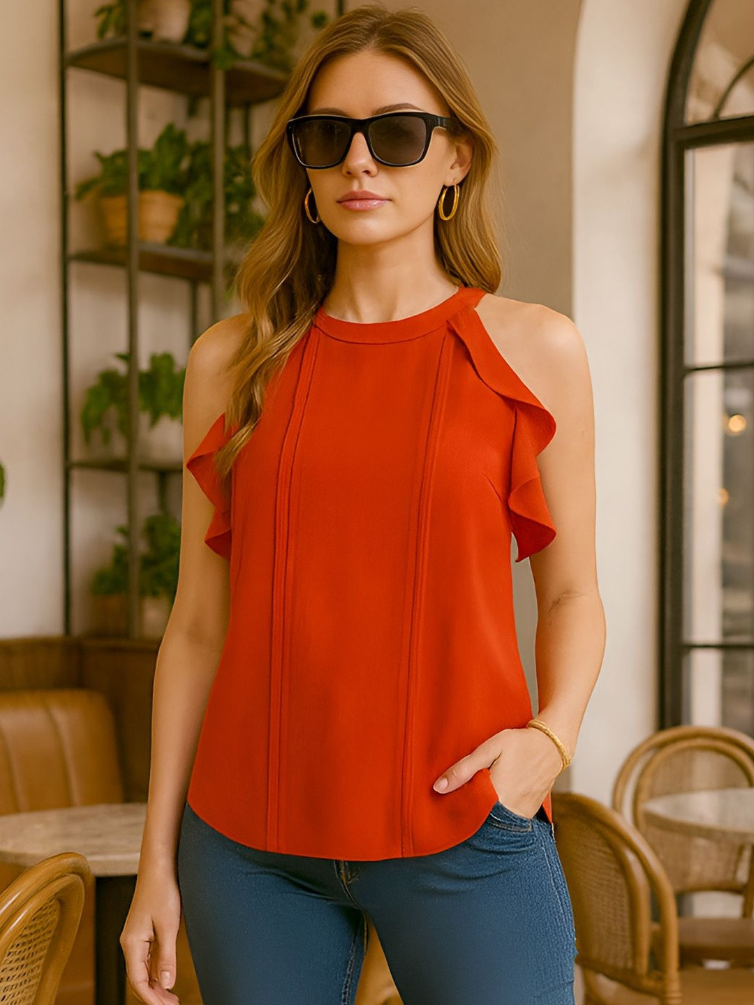 don't be basic Women Round Neck Ruffled Top