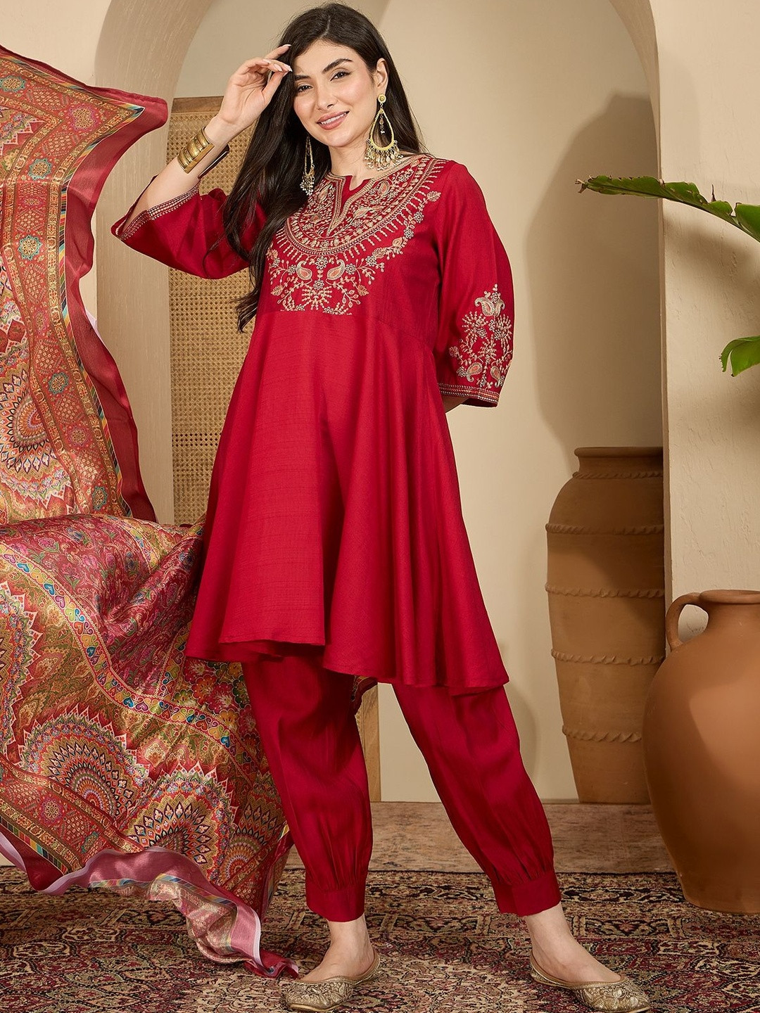 Sangria Paisley Yoke Design Thread Work A-Line Kurta With Patiala & Dupatta