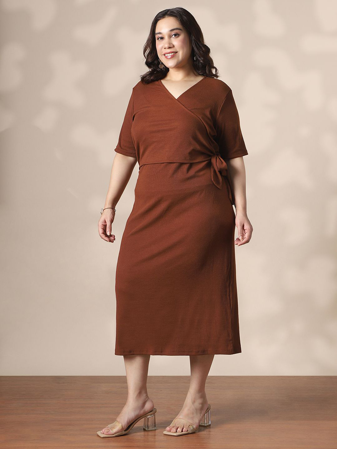 Globus Gloplus Women Brown Wrap V-Neck Waist Tie-Ups Ribbed Plus Size Midi Sheath Dress