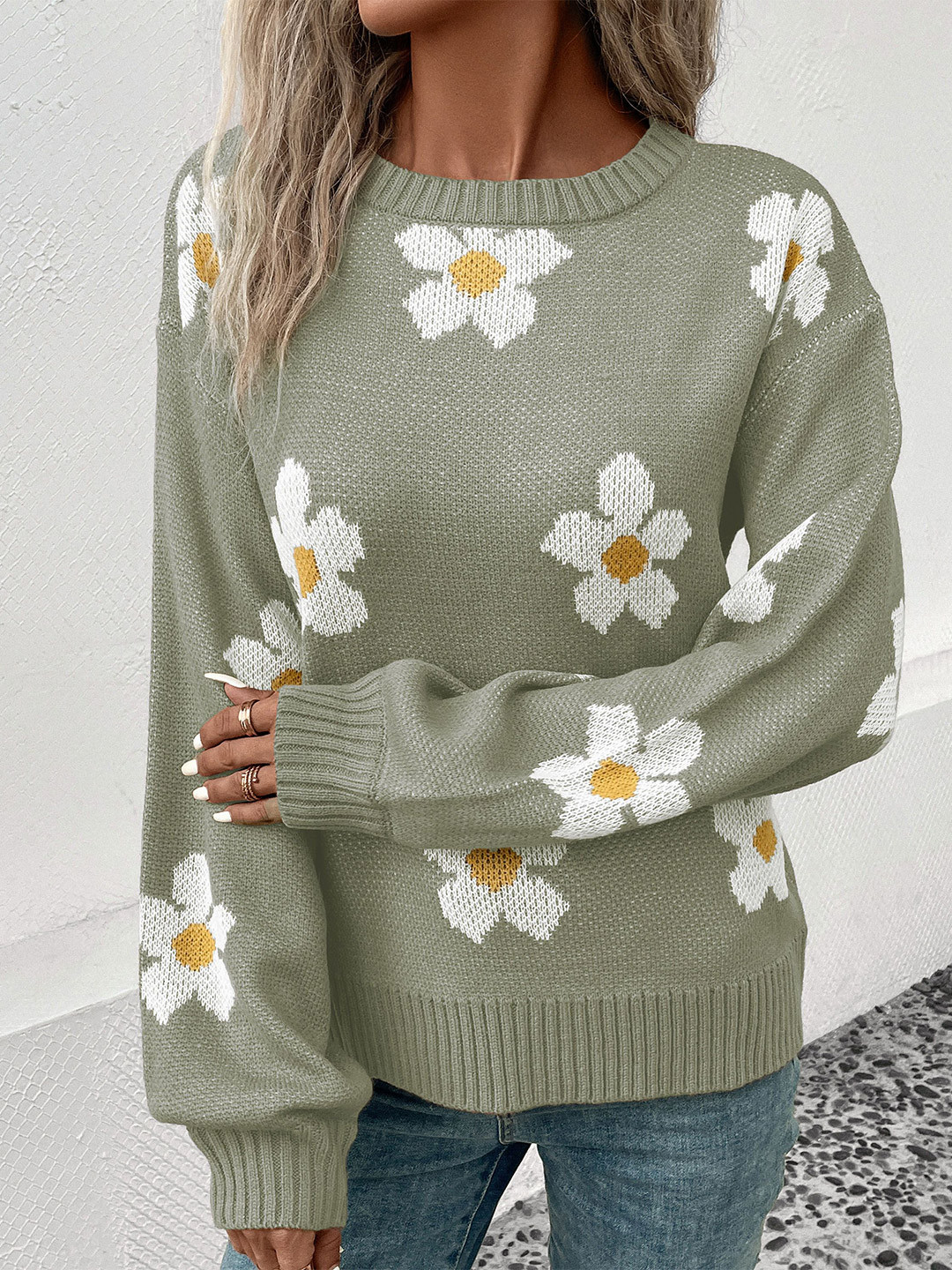 StyleCast x Revolte Women Round Neck Floral Print Cable Knit Pullover