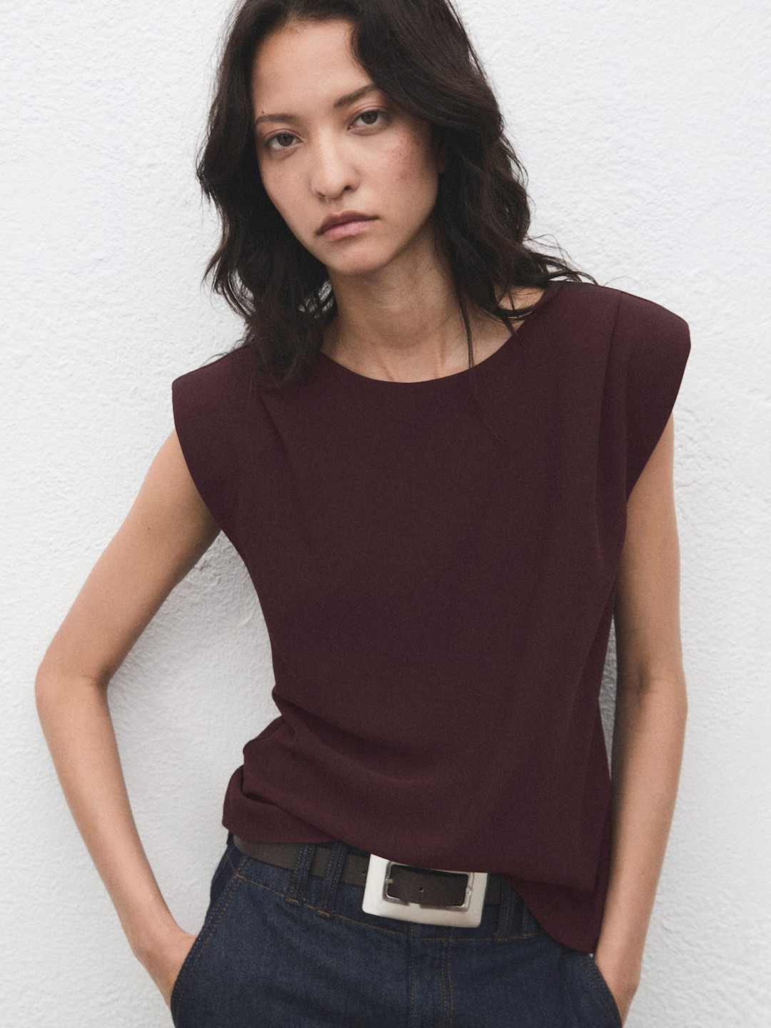 MANGO Ruched Blouse With Shoulder Pads