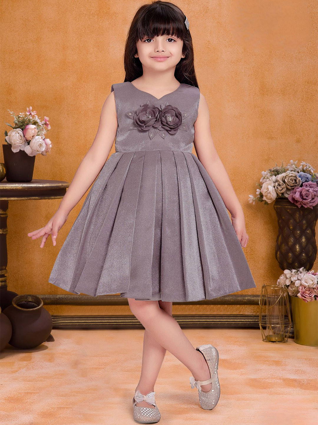 Lagorii Shimmer Party Wear Frock With 3D Floral Accent