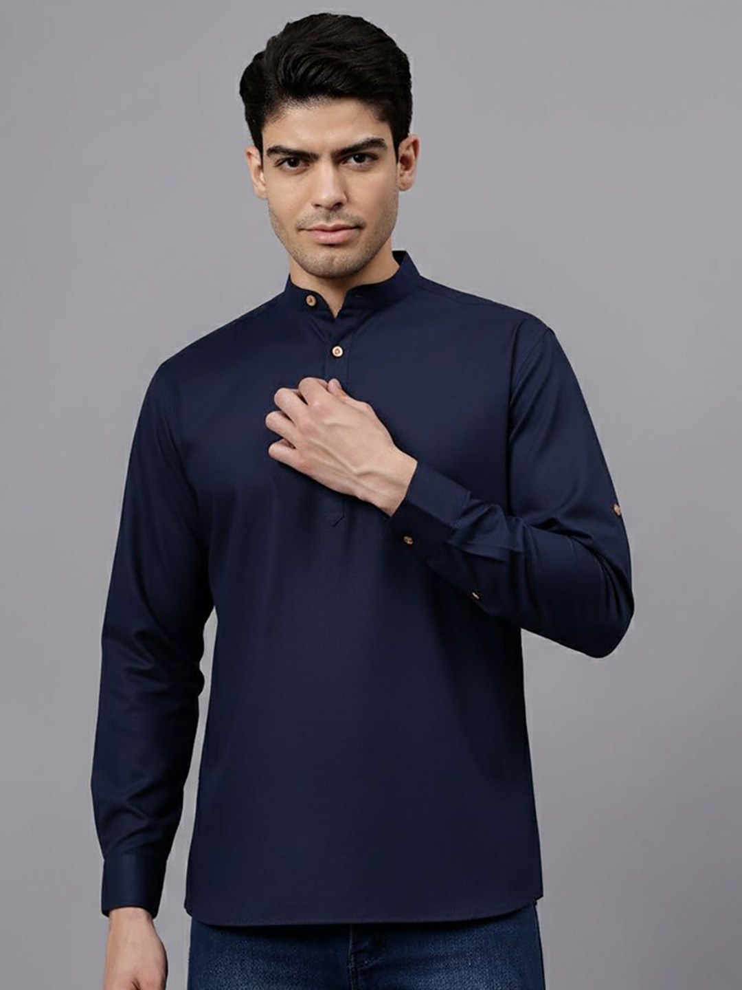 Katumbriya Band Collar Roll-Up Sleeves Pure Cotton Straight Short Kurta