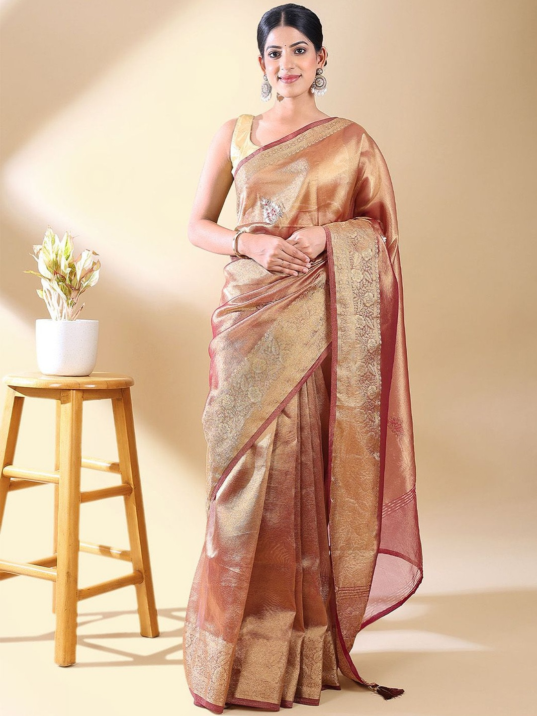 BAEDESI Woven Design Zari Tissue Saree